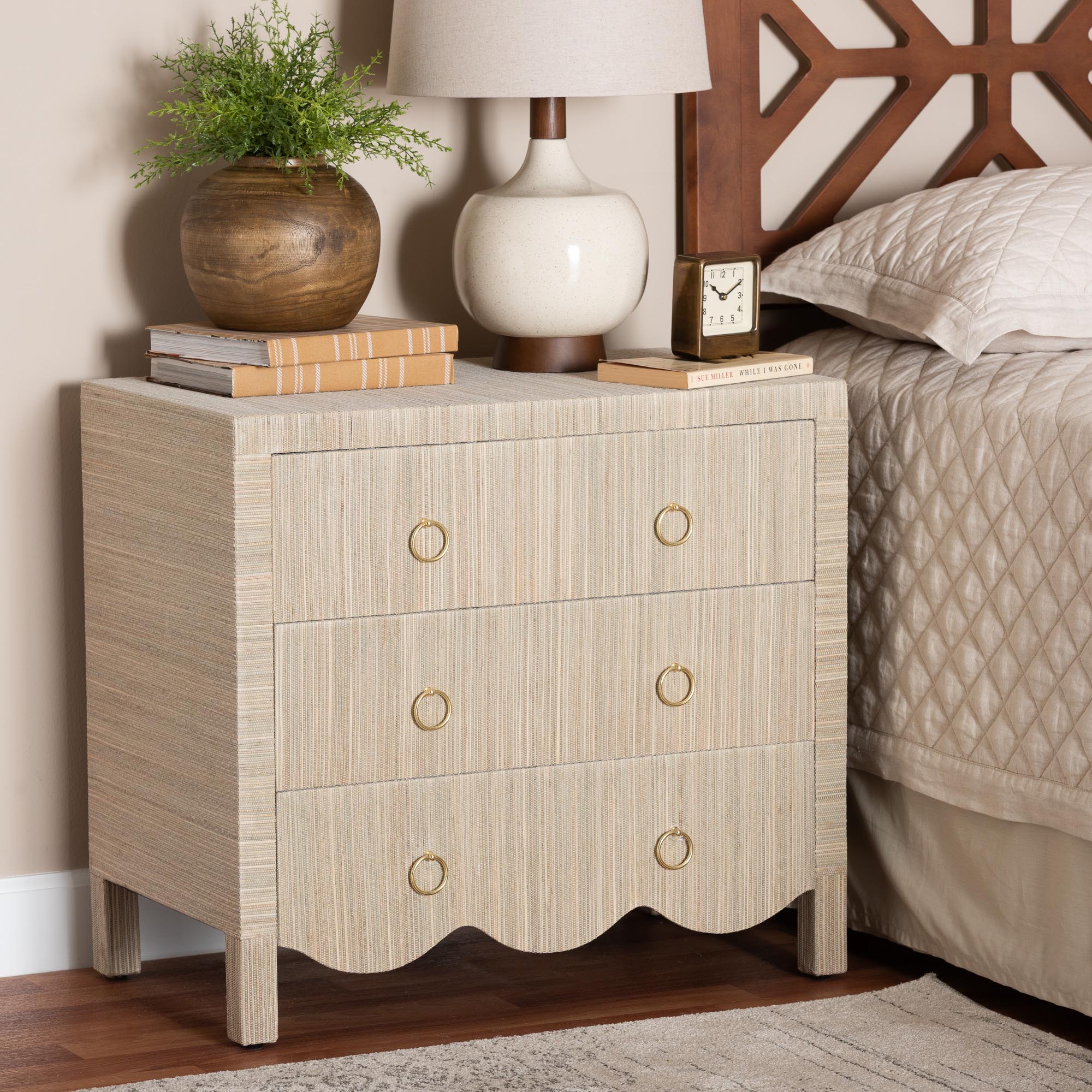 bali & pari Umika Grasscloth Nightstand with Scalloped Base - 3-Drawer Accent Chest with Gold Ring Pulls, Bedroom Storage Table or Side Cabinet