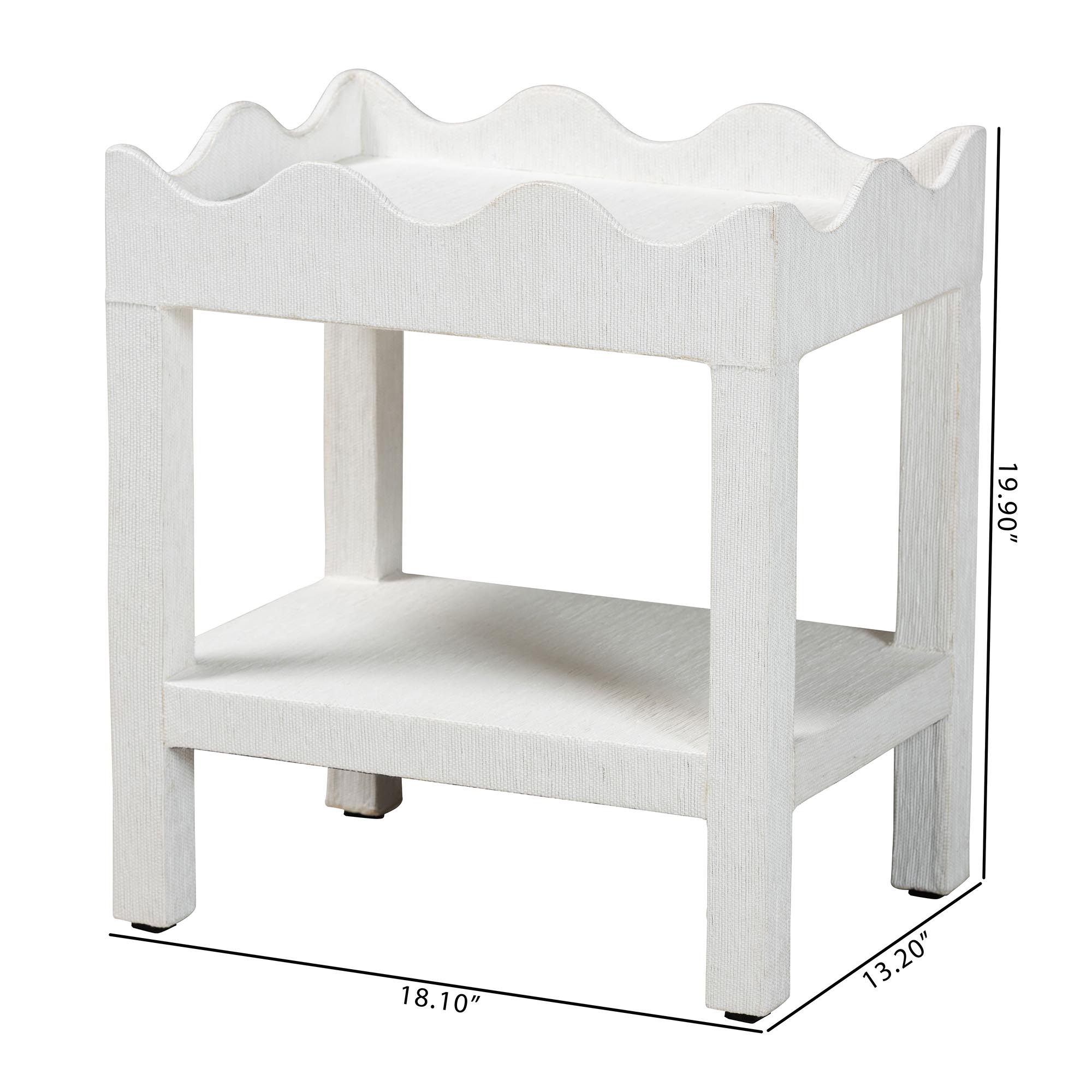 bali & pari Sebastian Grasscloth Scalloped End Table - 2-Tier Accent Table with Open Shelf Storage for Living Room, Bedroom, or Entryway, White