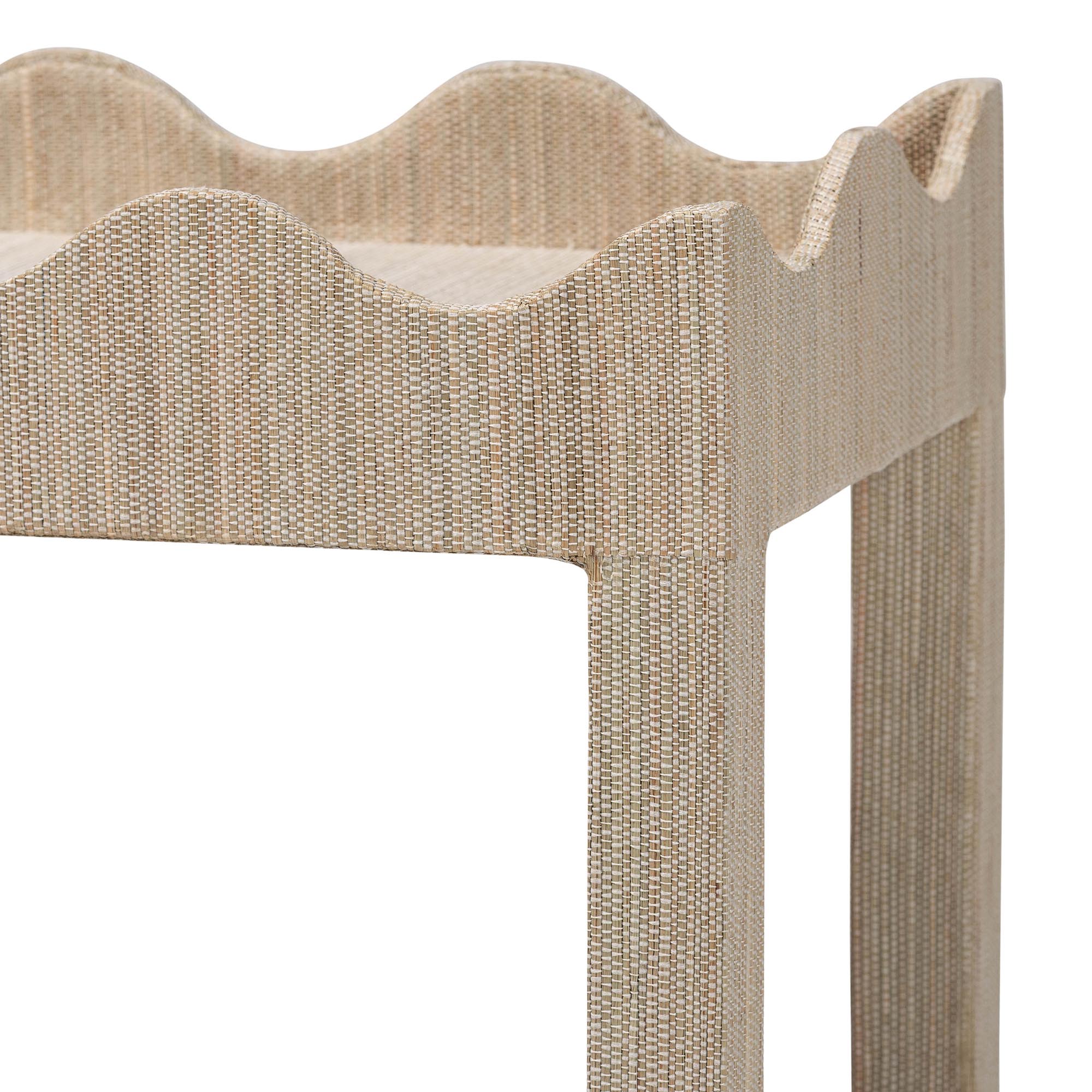 bali & pari Sebastian Grasscloth Scalloped End Table - 2-Tier Accent Table with Open Shelf Storage for Living Room, Bedroom, or Entryway, Beige