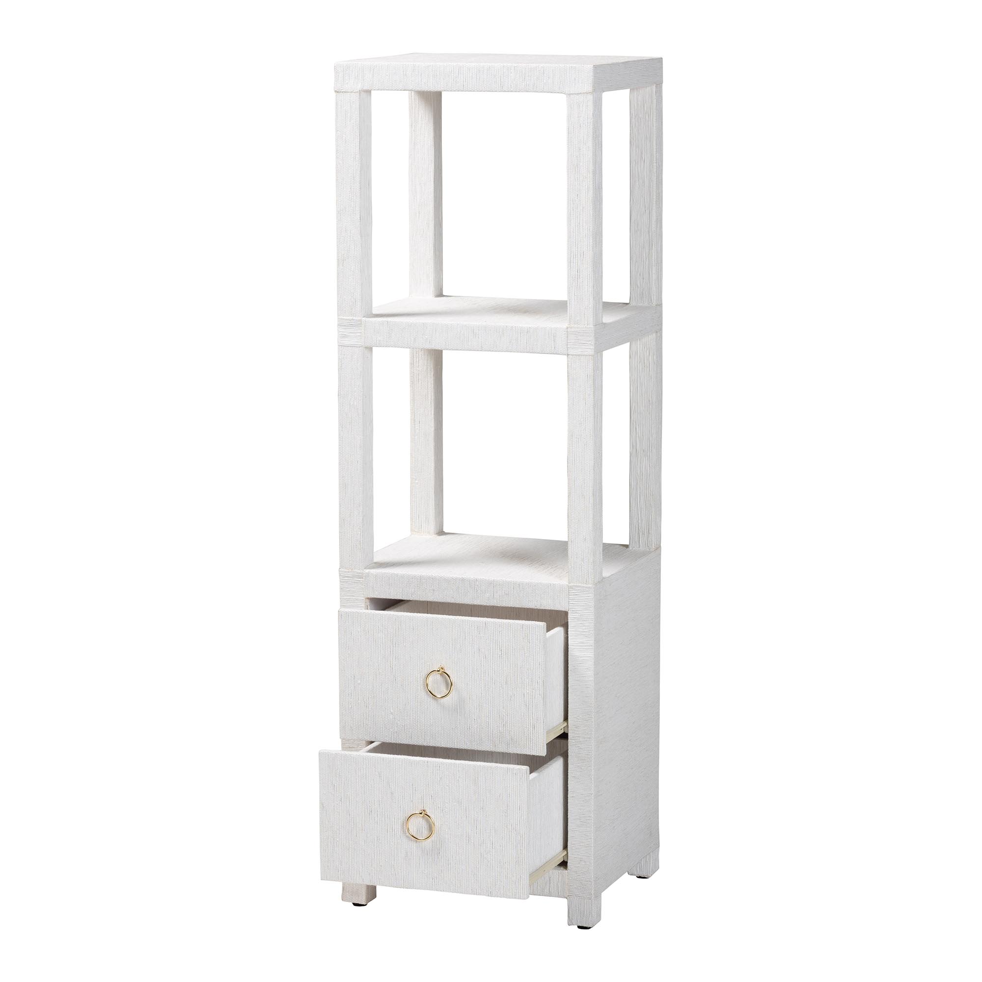 bali & pari Xavier Grasscloth Tall Storage Cabinet - Woven Accent Displaying Tower Bookcase with Open Shelves and Drawers, Space-Saving Organizer for Living Room, Bedroom, or Entryway