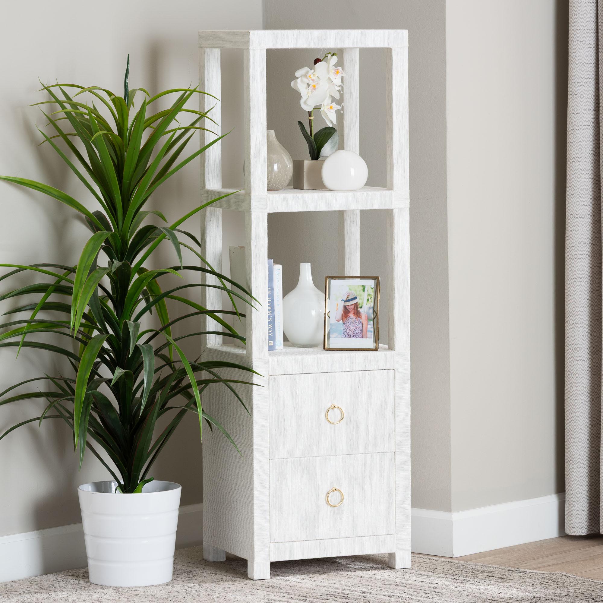 bali & pari Xavier Grasscloth Tall Storage Cabinet - Woven Accent Displaying Tower Bookcase with Open Shelves and Drawers, Space-Saving Organizer for Living Room, Bedroom, or Entryway