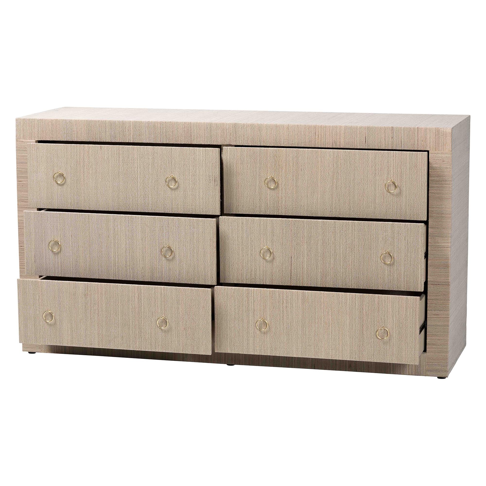 bali & pari Sage Natural Grasscloth Dresser - 6-Drawer Bedroom Storage Cabinet with Gold Ring Pulls, Modern Coastal Chest of Drawers
