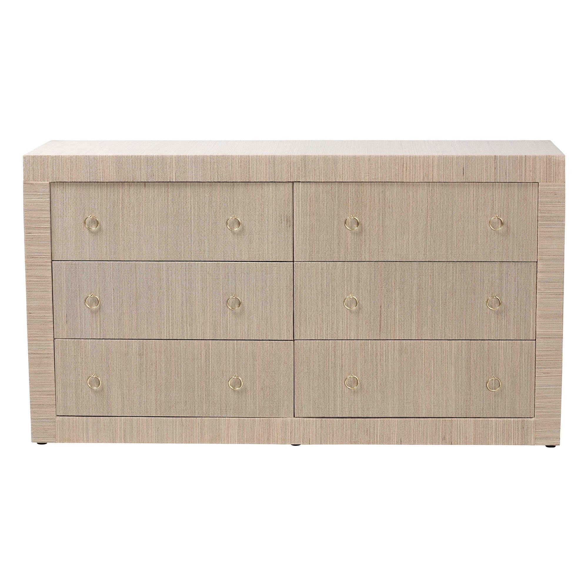 bali & pari Sage Natural Grasscloth Dresser - 6-Drawer Bedroom Storage Cabinet with Gold Ring Pulls, Modern Coastal Chest of Drawers