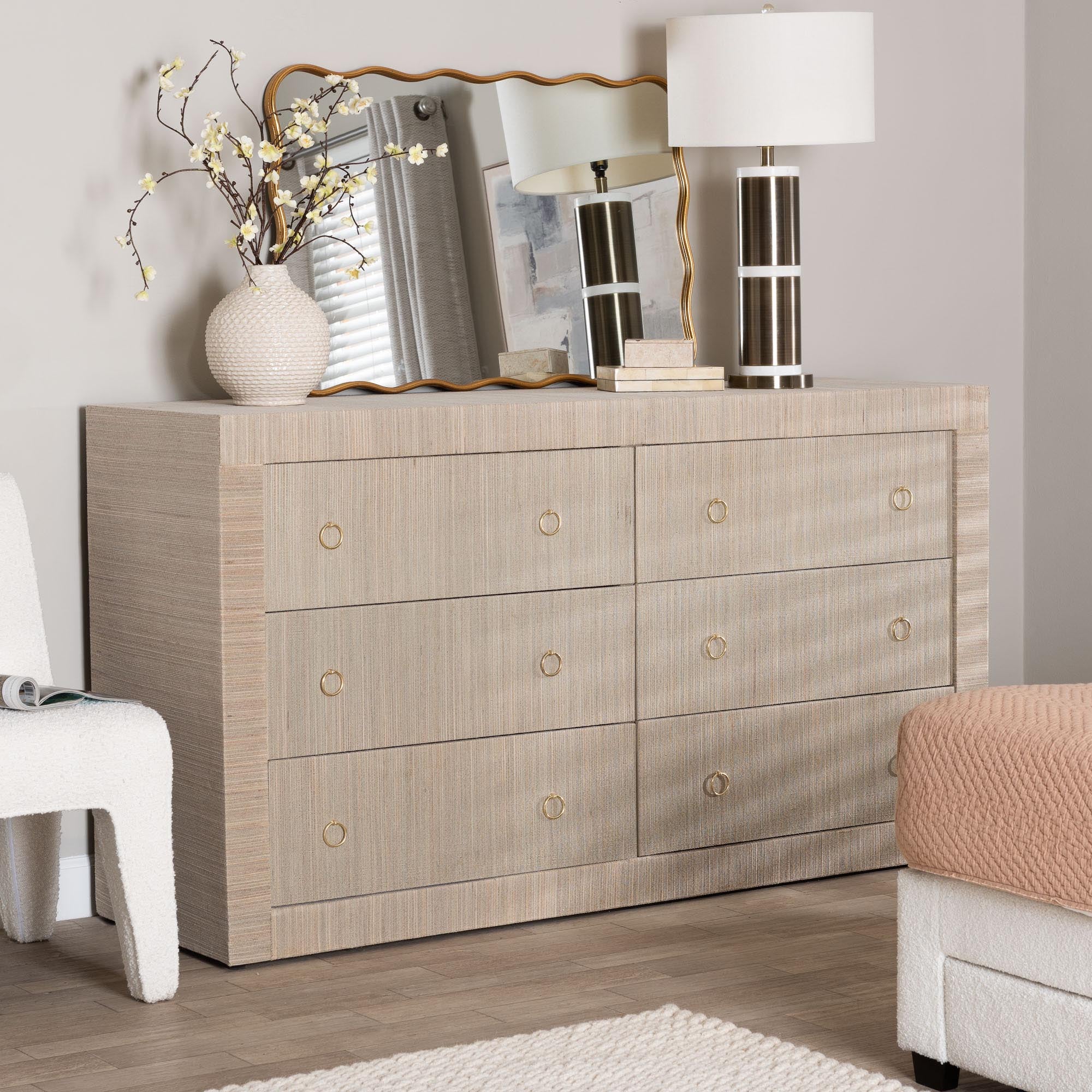 bali & pari Sage Natural Grasscloth Dresser - 6-Drawer Bedroom Storage Cabinet with Gold Ring Pulls, Modern Coastal Chest of Drawers