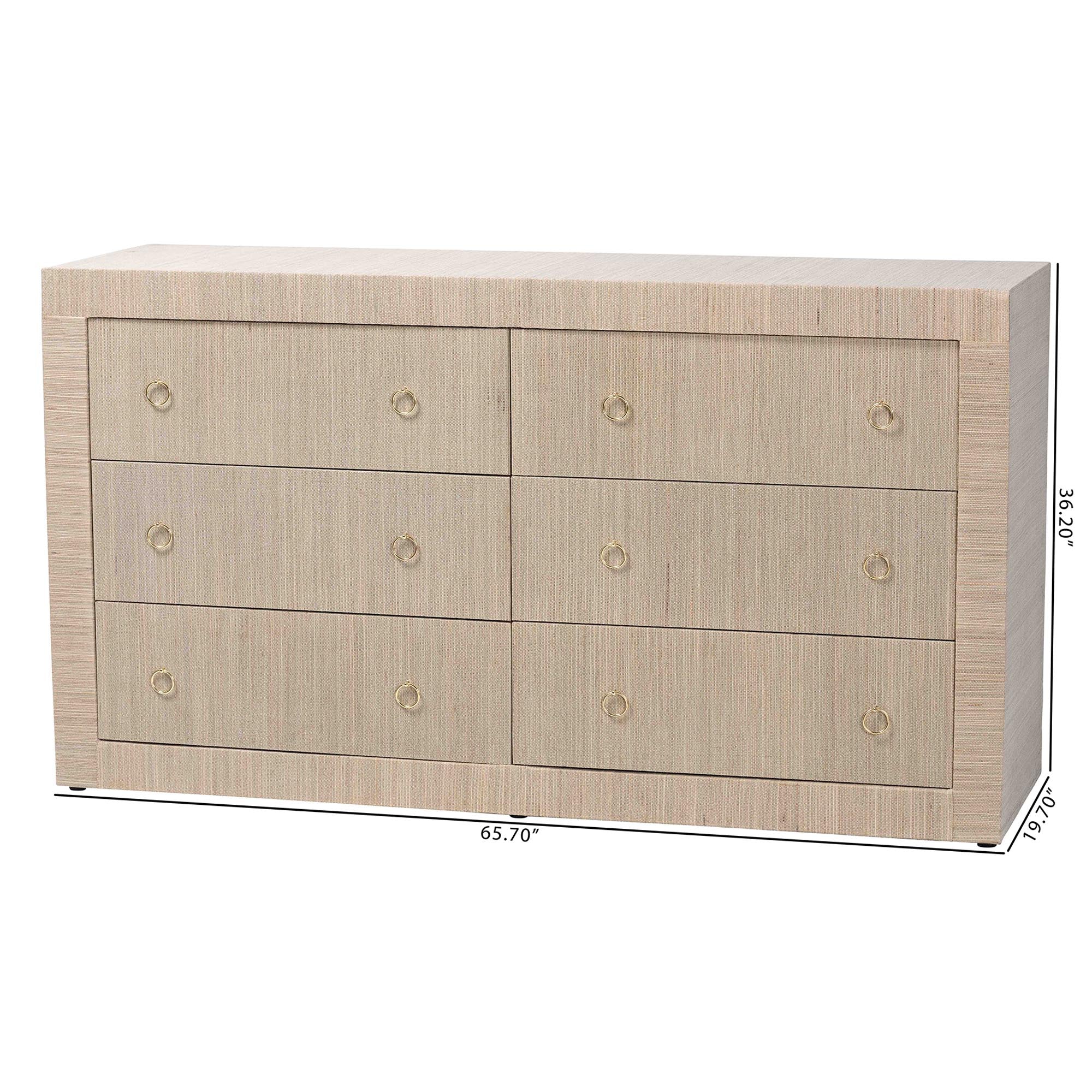 bali & pari Sage Natural Grasscloth Dresser - 6-Drawer Bedroom Storage Cabinet with Gold Ring Pulls, Modern Coastal Chest of Drawers