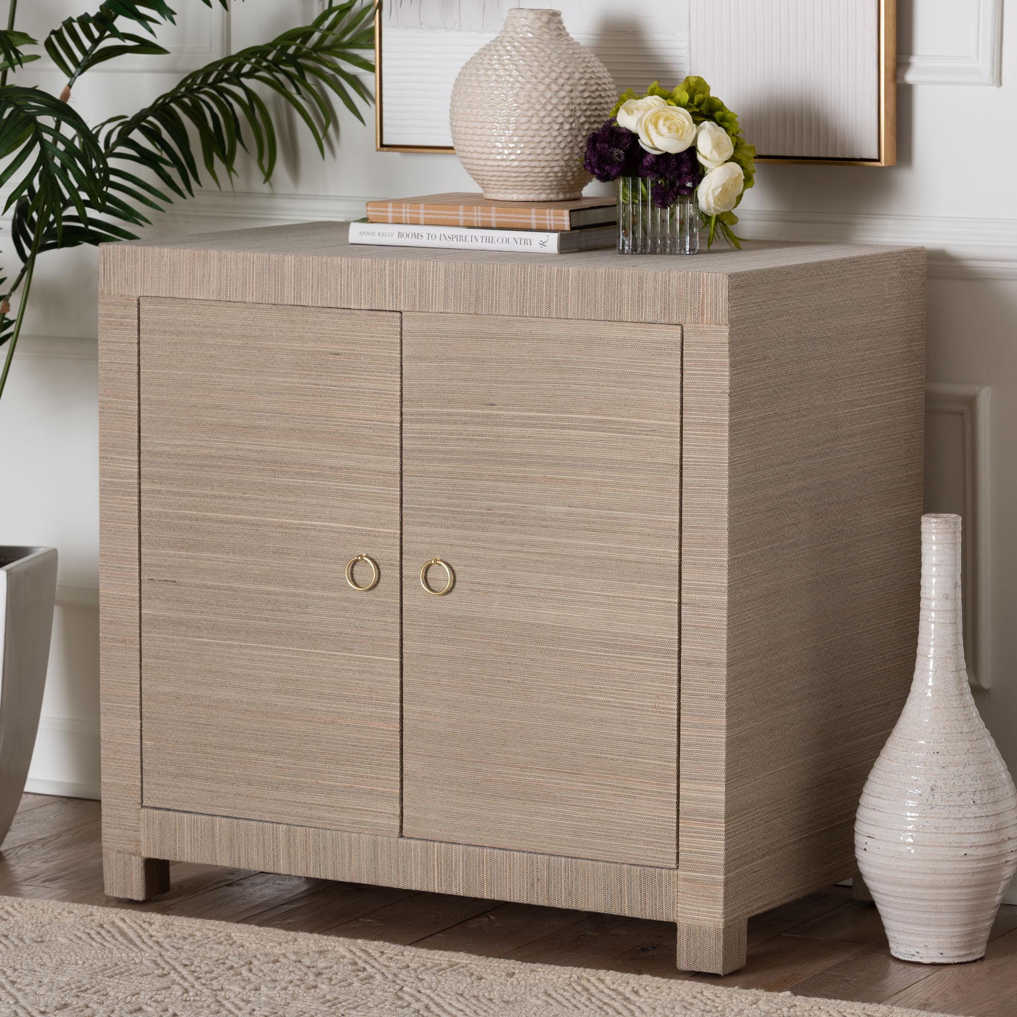 bali & pari Halen Natural Grasscloth Storage Cabinet - Two-Door Console Storage Solution with Gold Ring Pulls, Modern Coastal Organizer for Entryway, Living Room or Bedroom
