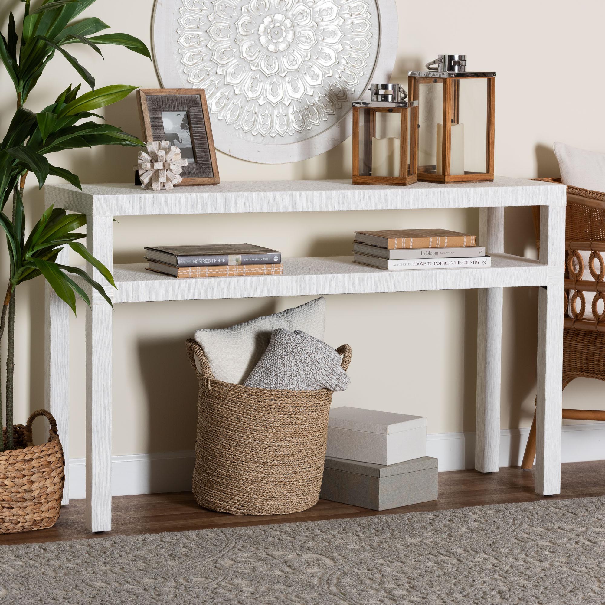 bali & pari Gale Natural Grasscloth Console Table - Two-Tier Entryway Table with Open Shelf, Modern Coastal Accent Table for Living Room or Hallway