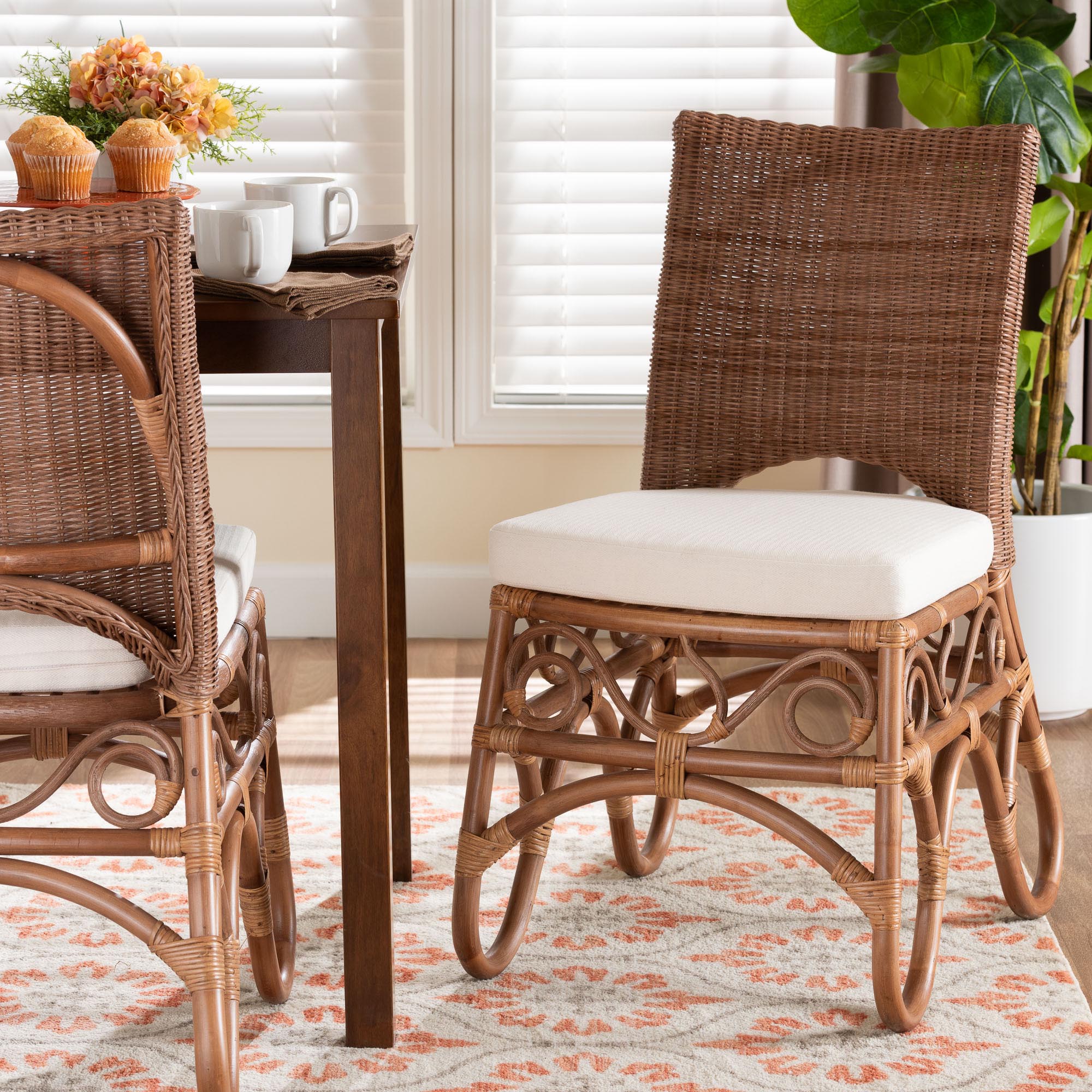 bali & pari Rivan Natural Rattan Dining Chair - Handcrafted Wicker Accent Chair with Woven Back and Cushioned Seat, Boho Coastal Seating for Dining Room or Kitchen