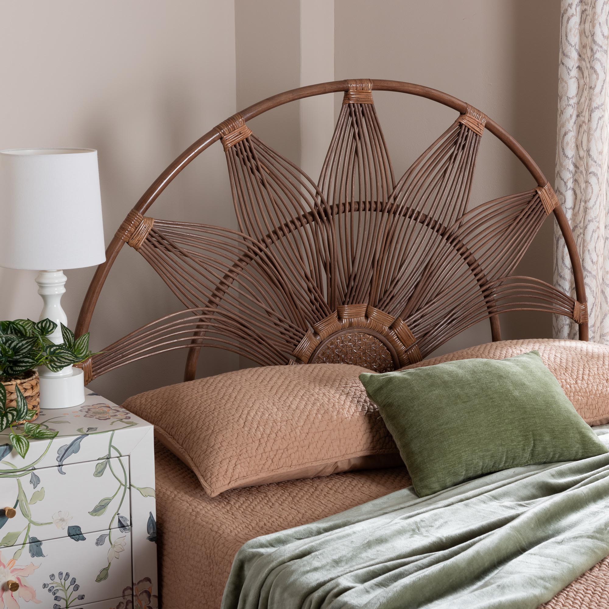bali & pari Jasmine Natural Rattan Headboard with Sunburst Design - Boho Coastal Style Standalone Headboard, Light Brown, King