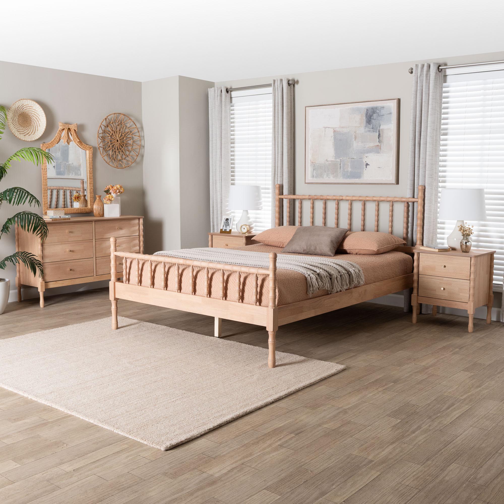 Baxton Studio Laurent Bamboo-Style 4-Piece Bedroom Set - Spindle Platform Bed with Matching Dresser and Two Nightstands, Cottage Farmhouse Style, Queen