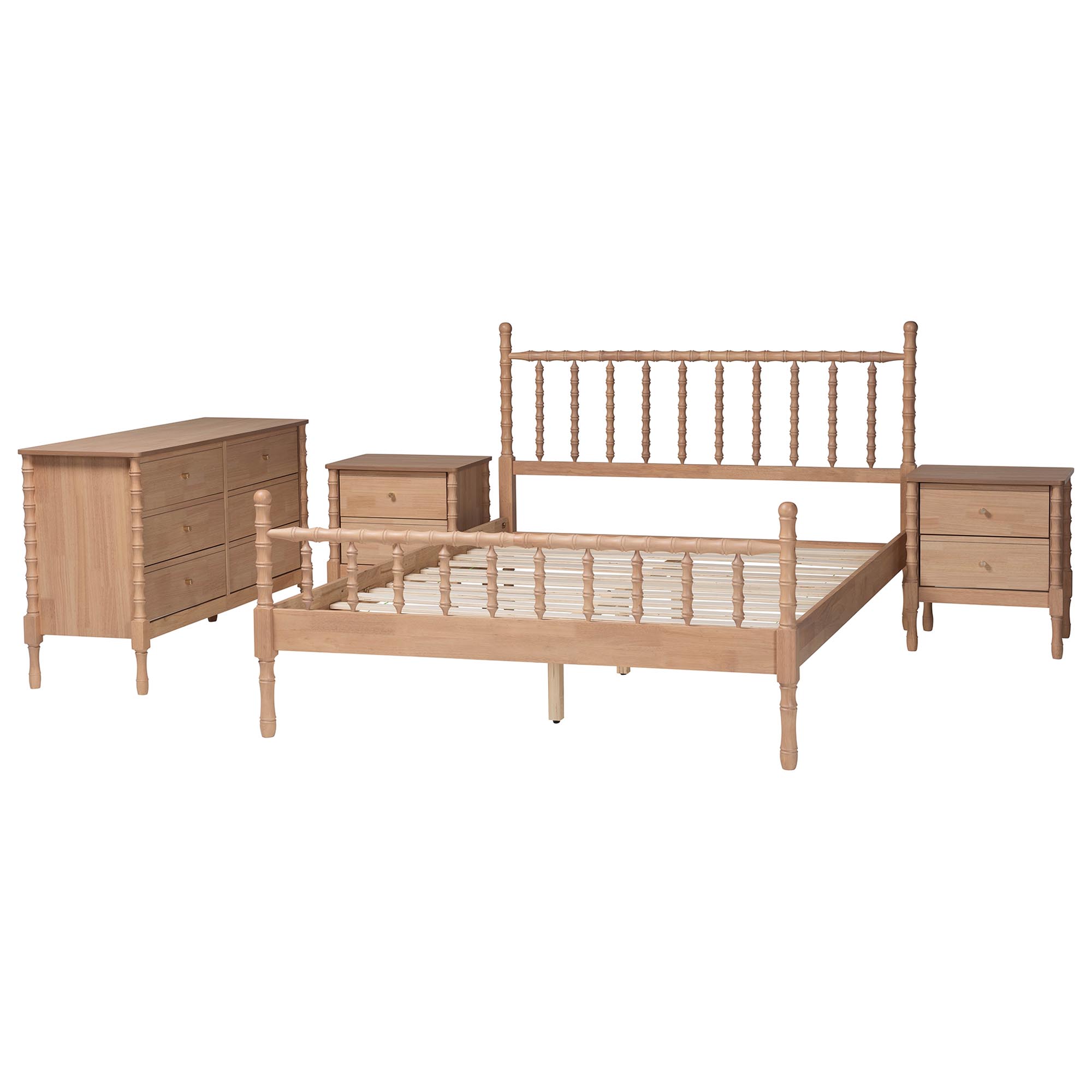 Baxton Studio Laurent Bamboo-Style 4-Piece Bedroom Set - Spindle Platform Bed with Matching Dresser and Two Nightstands, Cottage Farmhouse Style, Queen