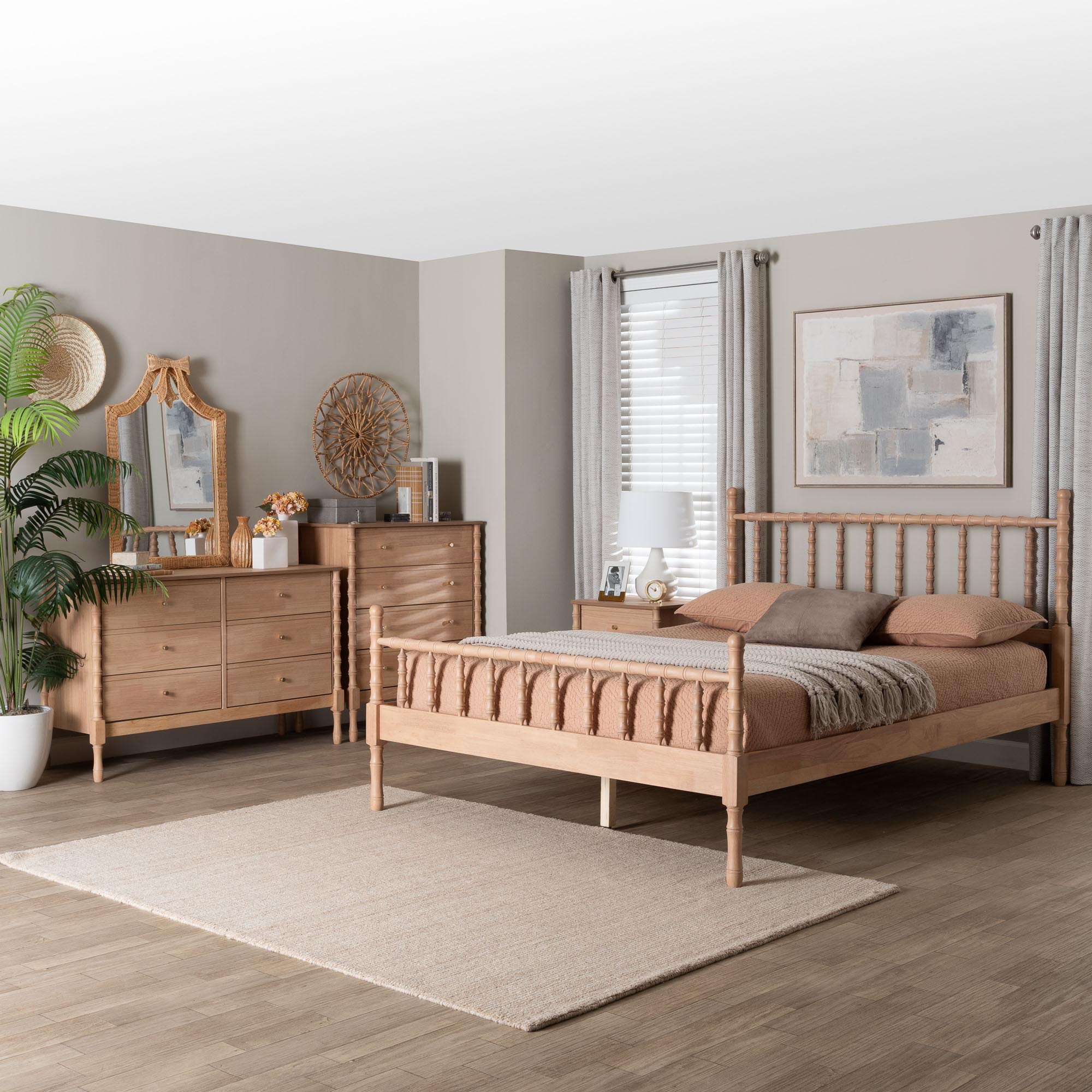 Baxton Studio Laurent Bamboo-Style 4-Piece Bedroom Set - Spindle Platform Bed with Matching Dresser, Chest, and Nightstand, Cottage Farmhouse Style, Queen