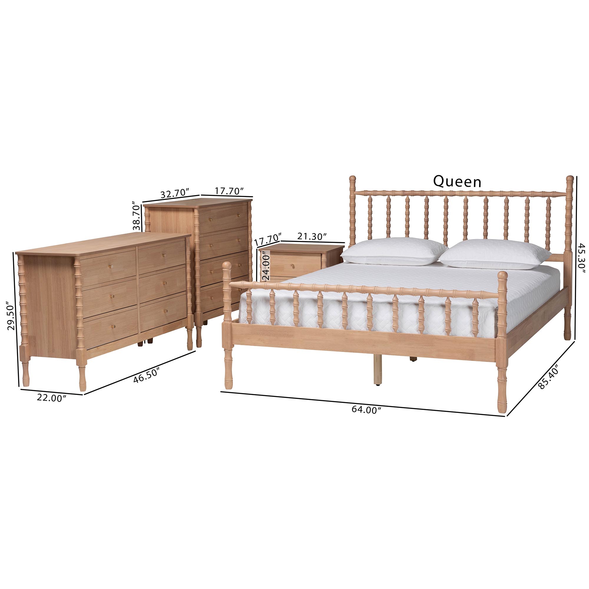 Baxton Studio Laurent Bamboo-Style 4-Piece Bedroom Set - Spindle Platform Bed with Matching Dresser, Chest, and Nightstand, Cottage Farmhouse Style, Queen