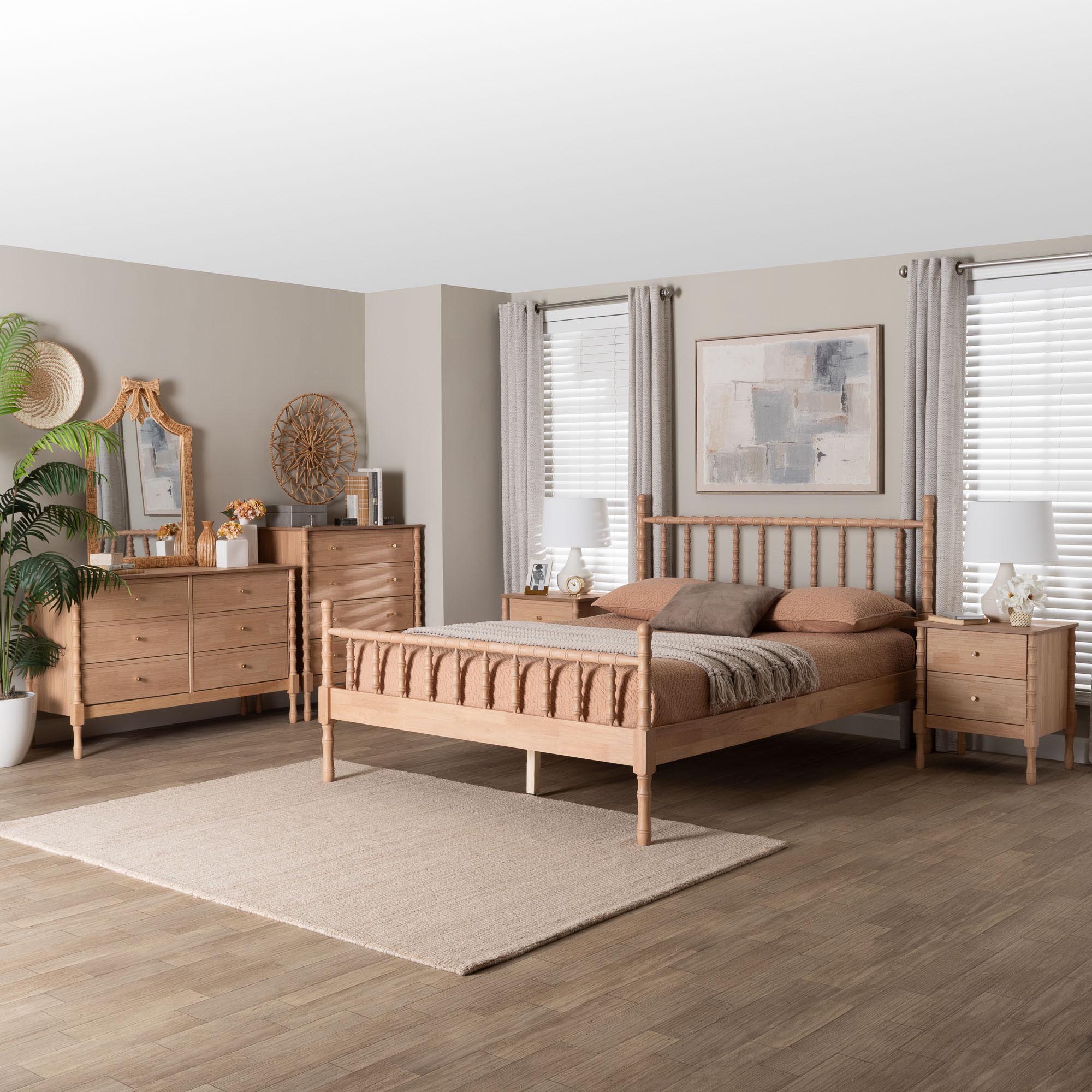 Baxton Studio Laurent Bamboo-Style 5-Piece Bedroom Set - Spindle Platform Bed with Matching Dresser, Chest, and Two Nightstands, Cottage Farmhouse Style, Queen