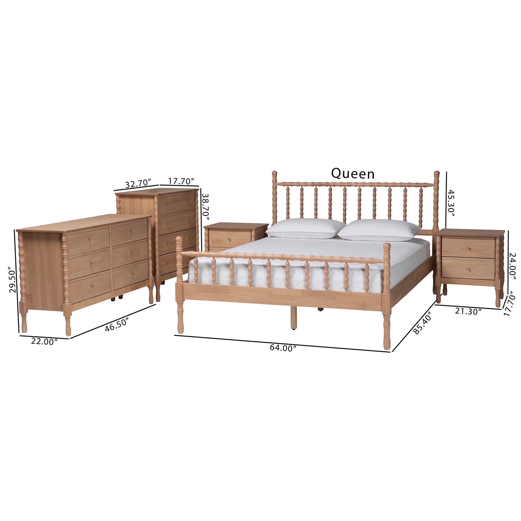 Baxton Studio Laurent Bamboo-Style 5-Piece Bedroom Set - Spindle Platform Bed with Matching Dresser, Chest, and Two Nightstands, Cottage Farmhouse Style, Queen