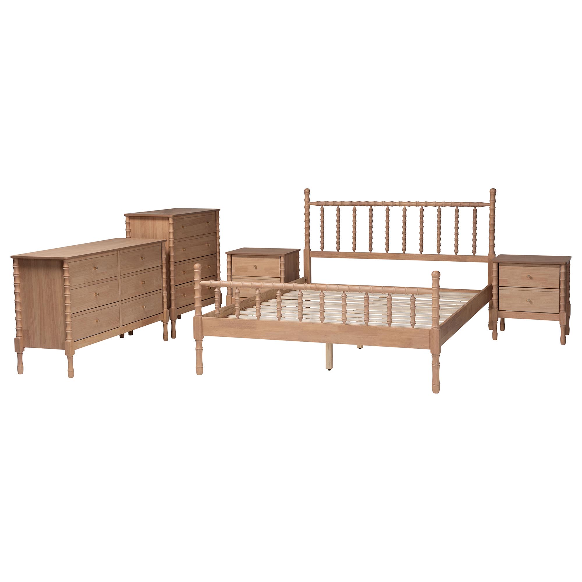 Baxton Studio Laurent Bamboo-Style 5-Piece Bedroom Set - Spindle Platform Bed with Matching Dresser, Chest, and Two Nightstands, Cottage Farmhouse Style, Queen