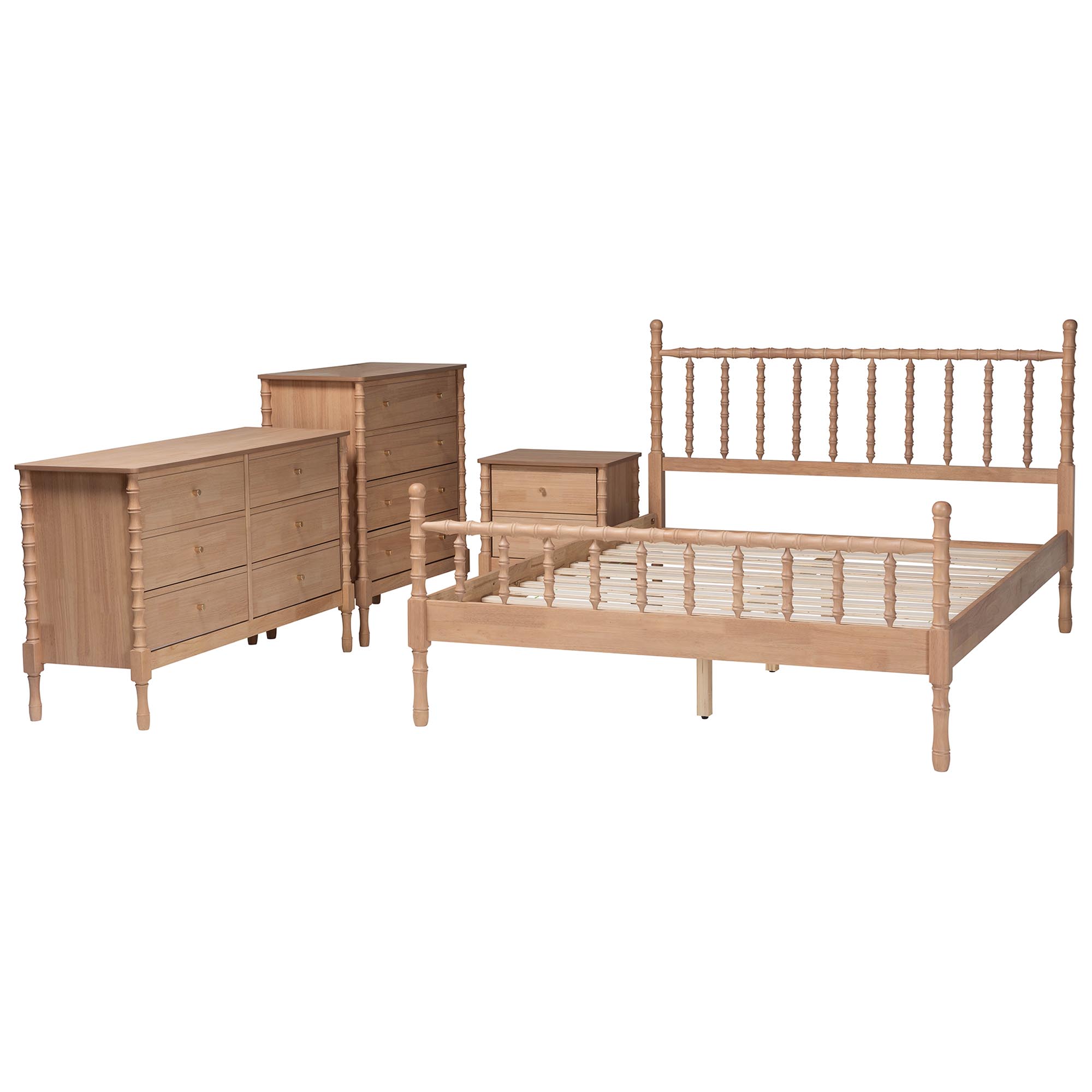 Baxton Studio Laurent Bamboo-Style 4-Piece Bedroom Set - Spindle Platform Bed with Matching Dresser, Chest, and Nightstand, Cottage Farmhouse Style, Queen