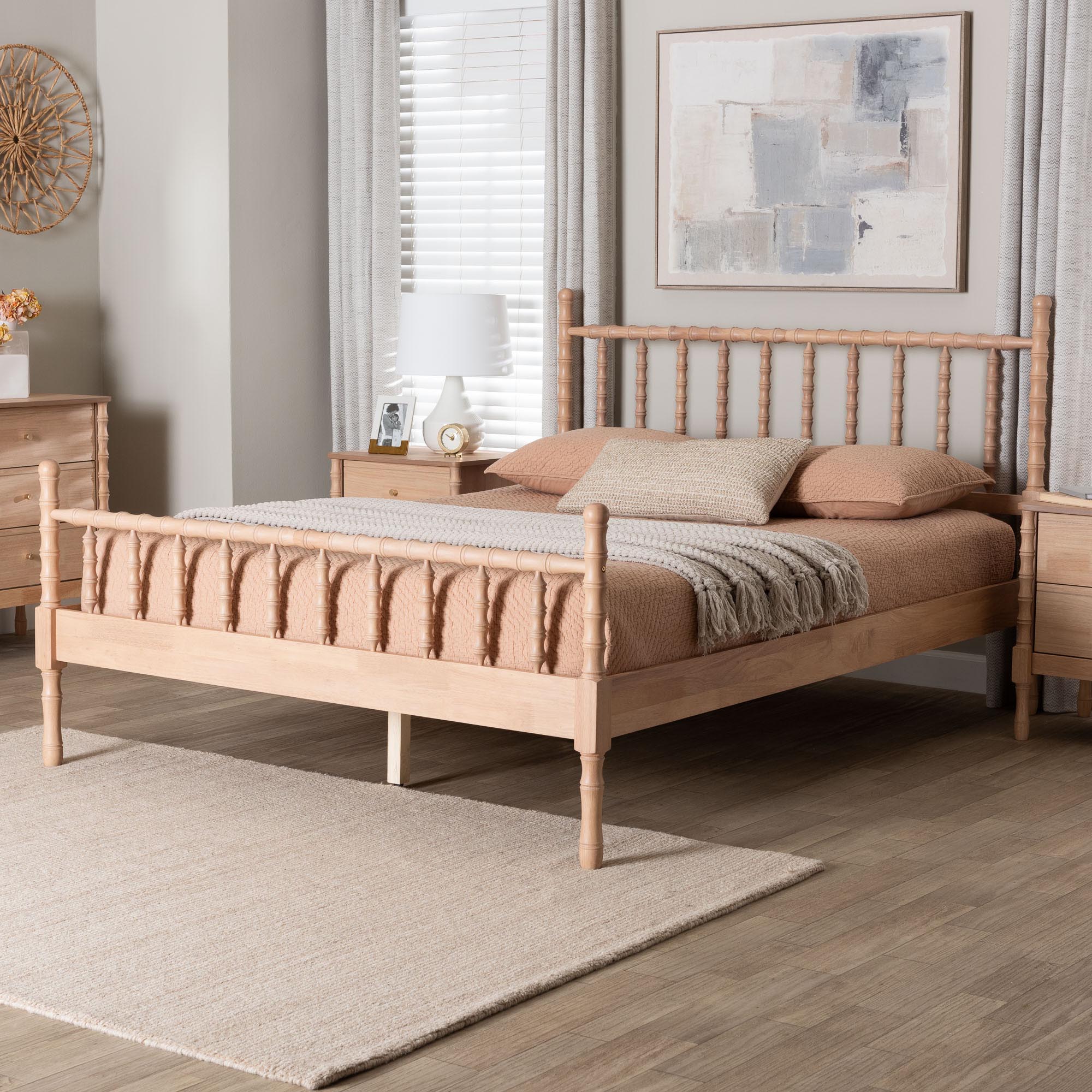 Baxton Studio Laurent Platform Bed - Spindle Bed Frame with Bamboo-Style Turned Posts, Cottage Farmhouse Bedroom Furniture, Queen