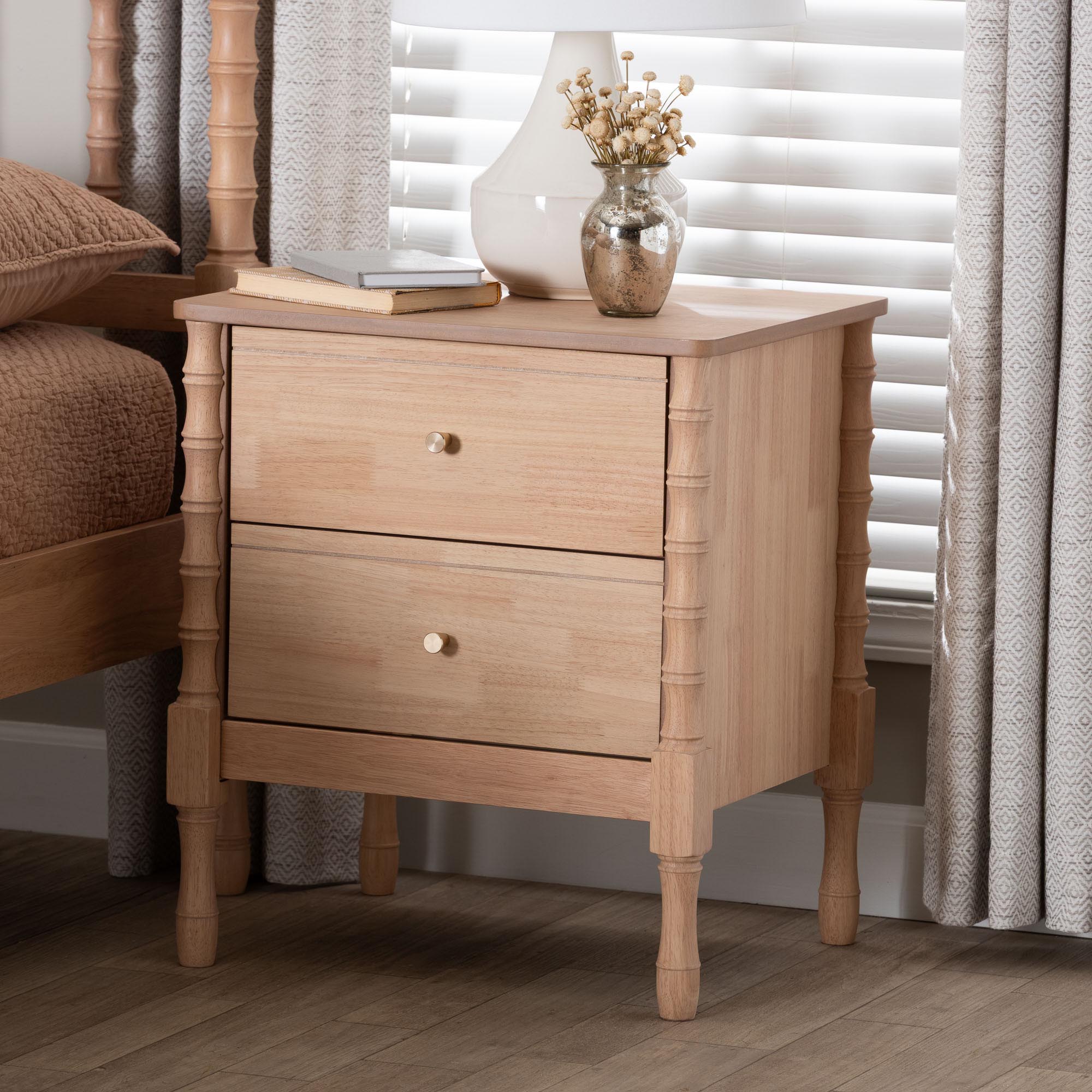 Baxton Studio Laurent Nightstand - 2-Drawer Bedside Table with Bamboo-Style Turned Legs, Cottage Farmhouse End Table for Bedroom