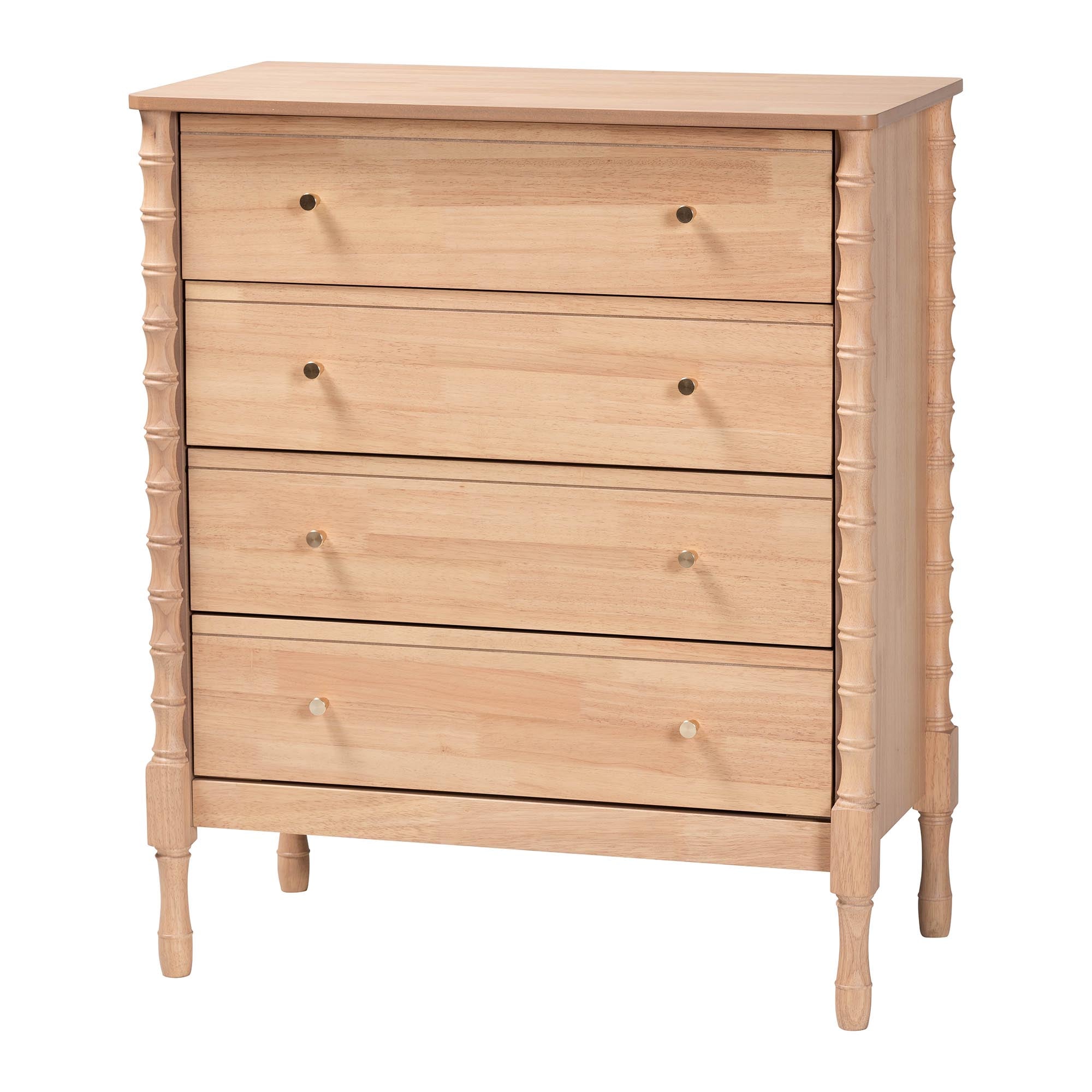 Baxton Studio Laurent Chest - 4-Drawer Bedroom Organizer with Bamboo-Style Turned Legs, Cottage Farmhouse Storage Cabinet for Clothing or Linens