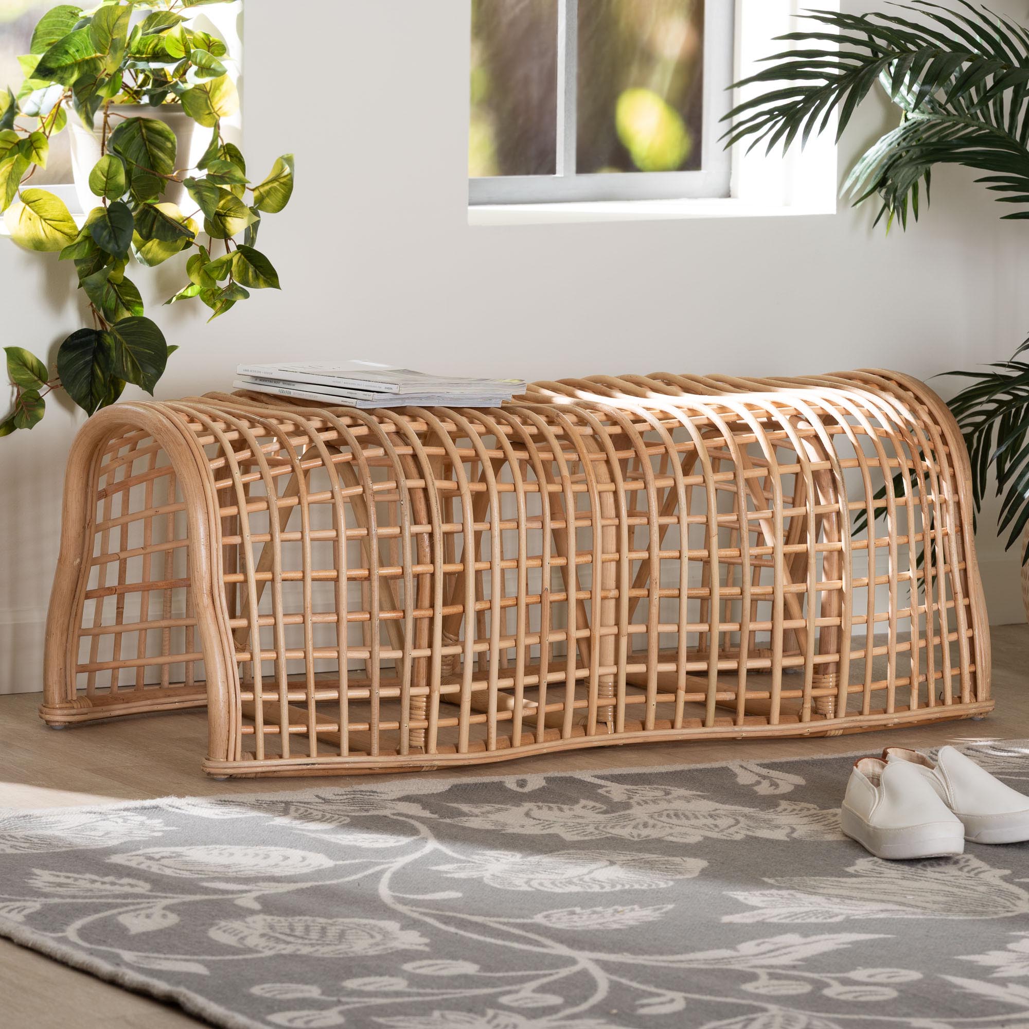 bali & pari Daiki Natural Rattan Bench with Curved Frame - Lightweight Decorative Accent Seating for Entryway, Bedroom, or Living Room