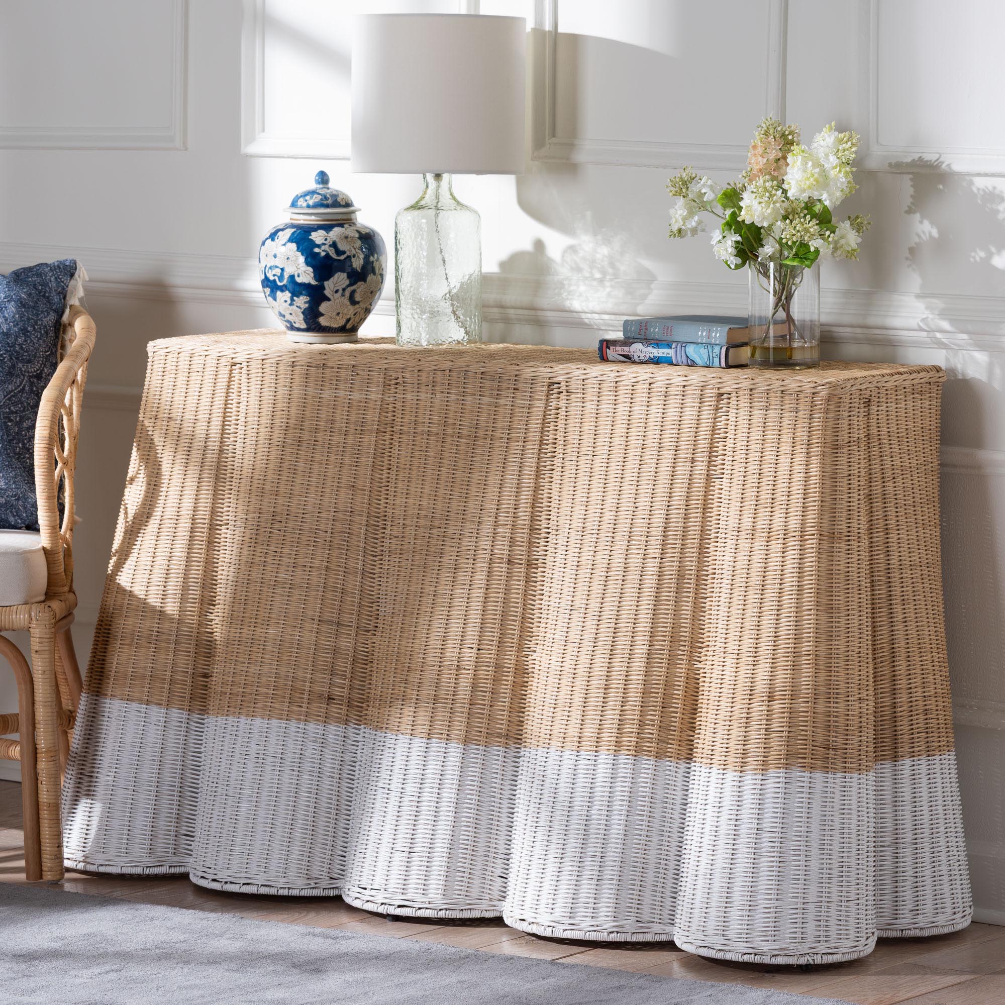 bali & pari Palm Scallop Natural Rattan Console Table - Handwoven Wicker Accent Table, Coastal & Boho Decor, Rectangle 54", Two-Tone White/Natural