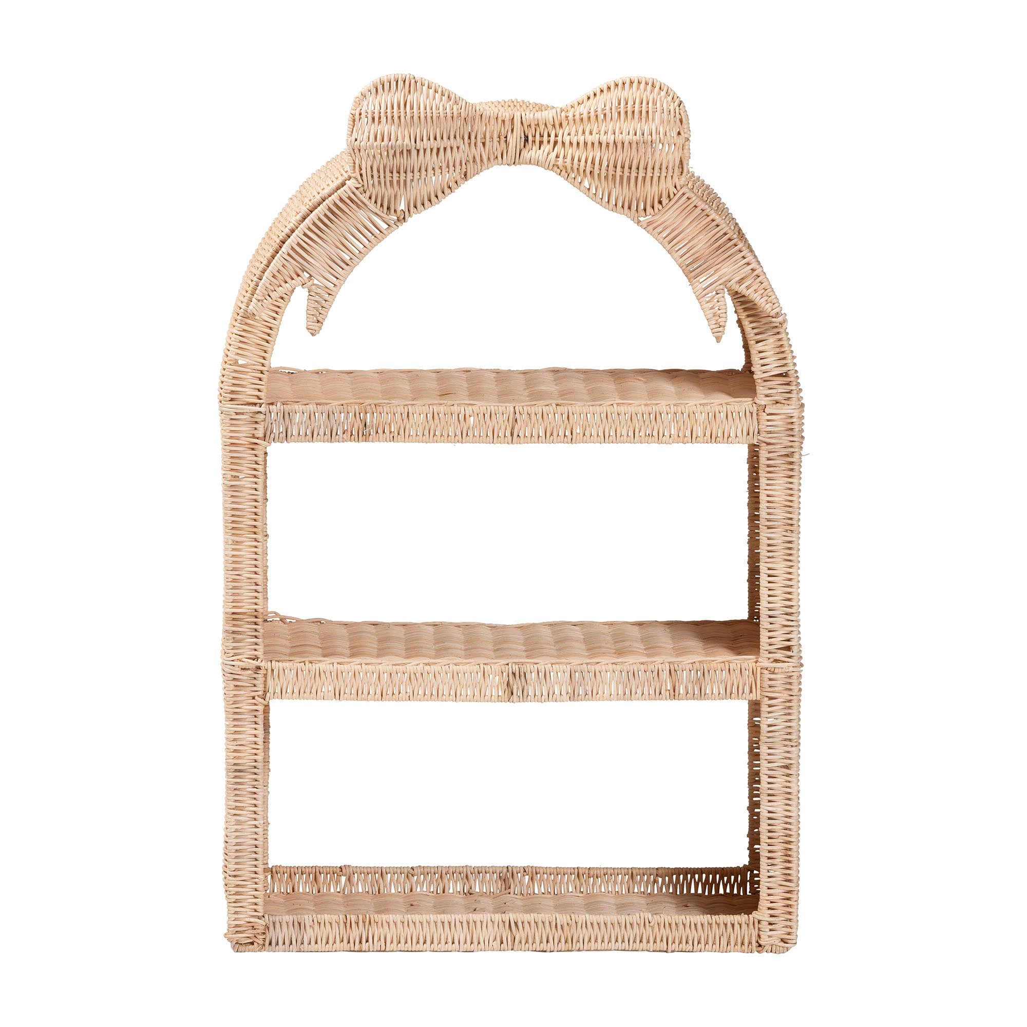 bali & pari Creusa Natural Rattan Wall Shelf - 3-Tier Decorative Storage Rack with Arched Frame and Woven Bow Accent, Boho Coastal Display Shelf