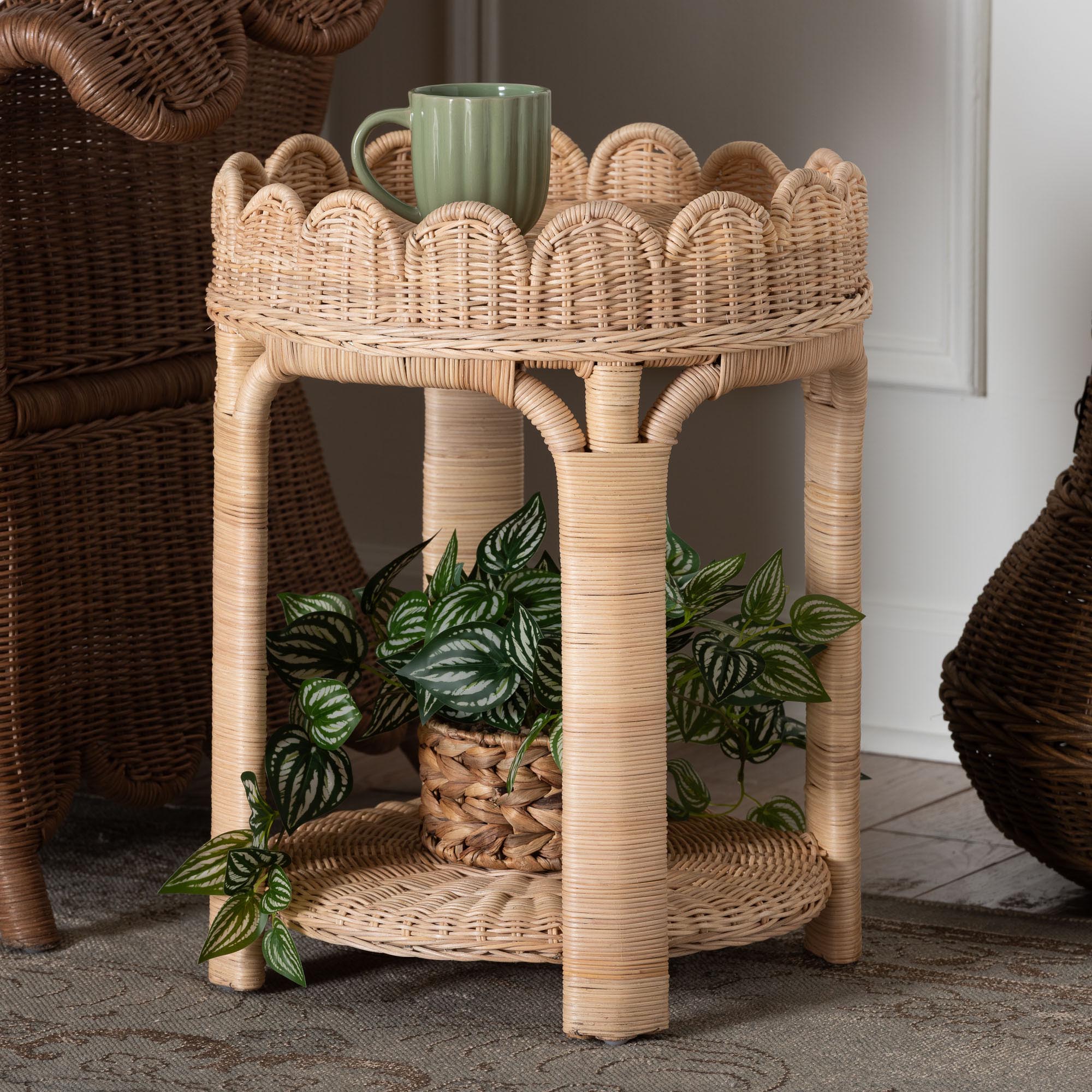 bali & pari Latoya Natural Rattan End Table - Handwoven Wicker 2-Tier Side Table with Scalloped Border for Living Room or Bedroom