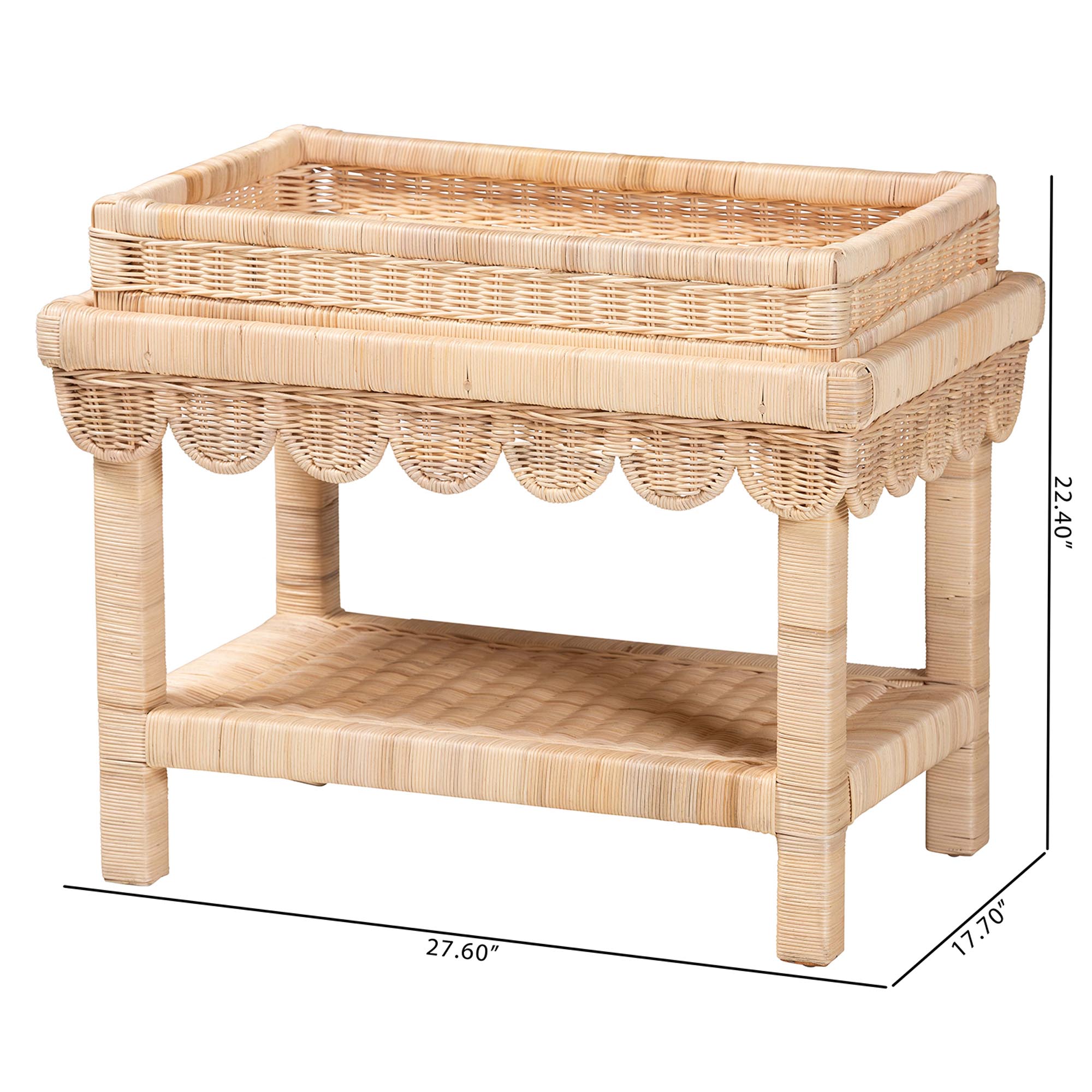 bali & pari Weyman Scalloped Rattan End Table with Removable Tray Top - Handwoven Rattan Accent Table with Shelf, Coastal Boho Style Side Table for Living Room or Bedroom
