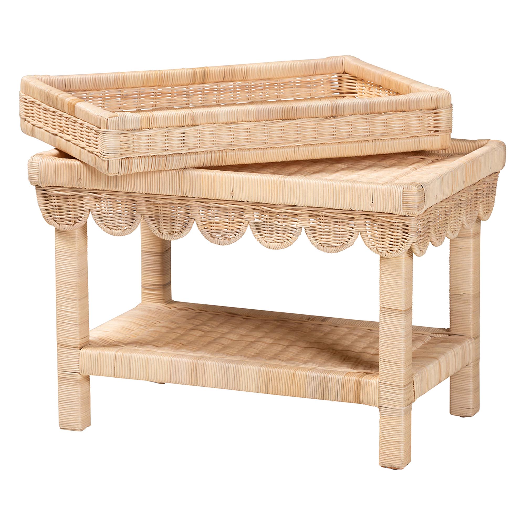 bali & pari Weyman Scalloped Rattan End Table with Removable Tray Top - Handwoven Rattan Accent Table with Shelf, Coastal Boho Style Side Table for Living Room or Bedroom