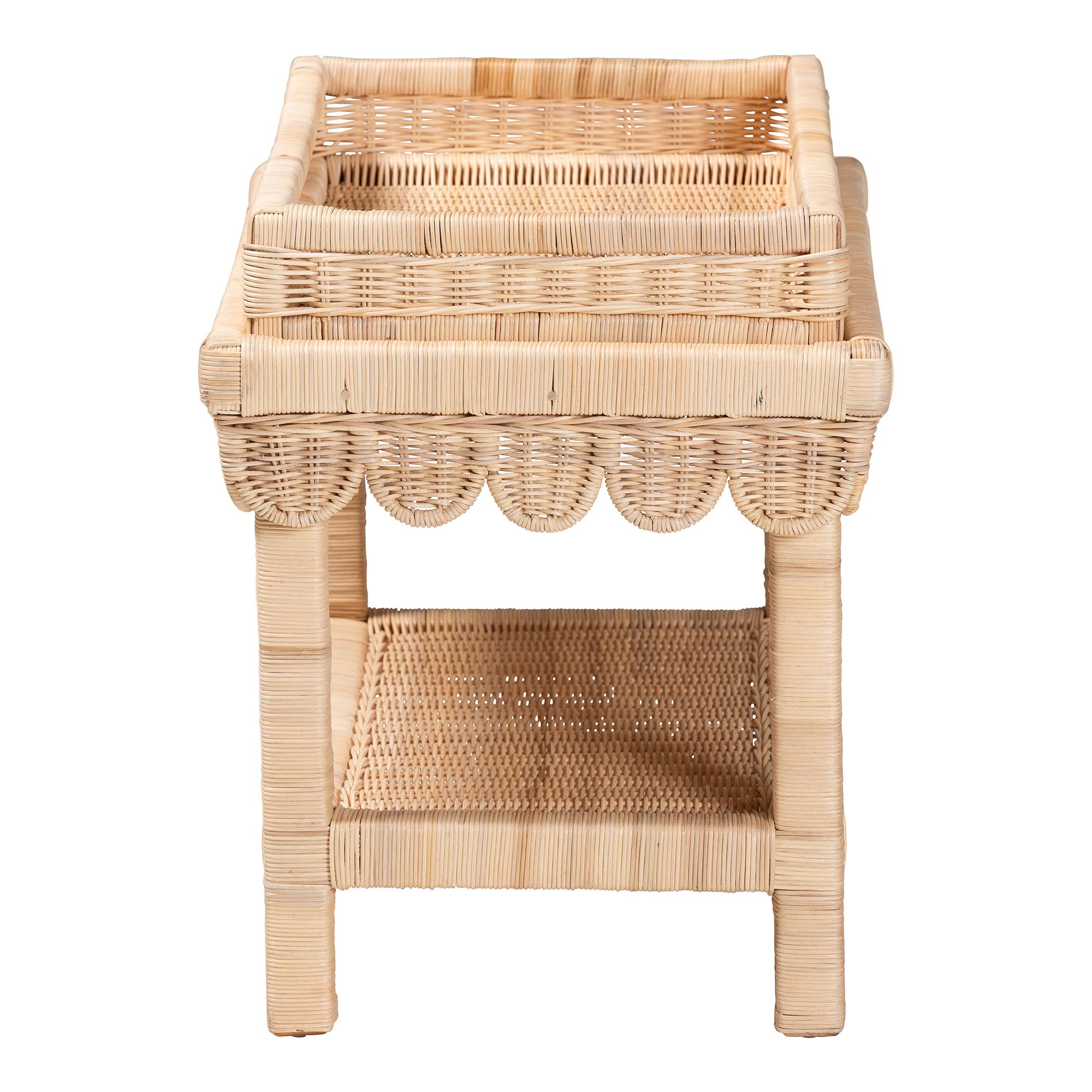 bali & pari Weyman Scalloped Rattan End Table with Removable Tray Top - Handwoven Rattan Accent Table with Shelf, Coastal Boho Style Side Table for Living Room or Bedroom