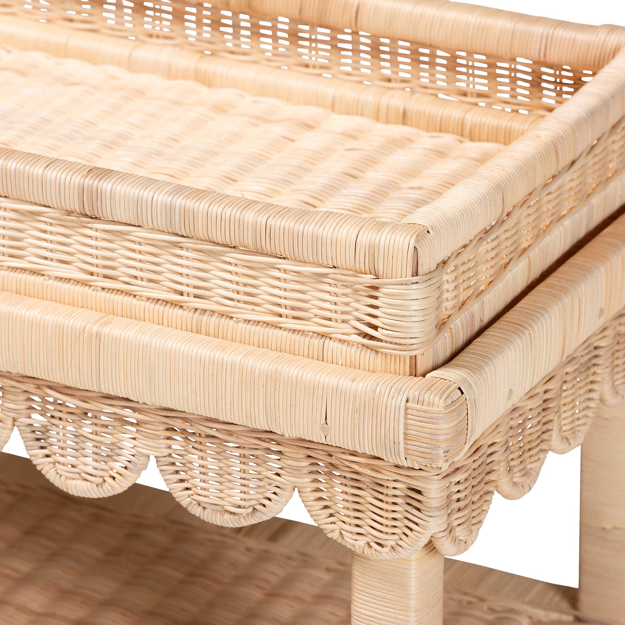 bali & pari Weyman Scalloped Rattan End Table with Removable Tray Top - Handwoven Rattan Accent Table with Shelf, Coastal Boho Style Side Table for Living Room or Bedroom