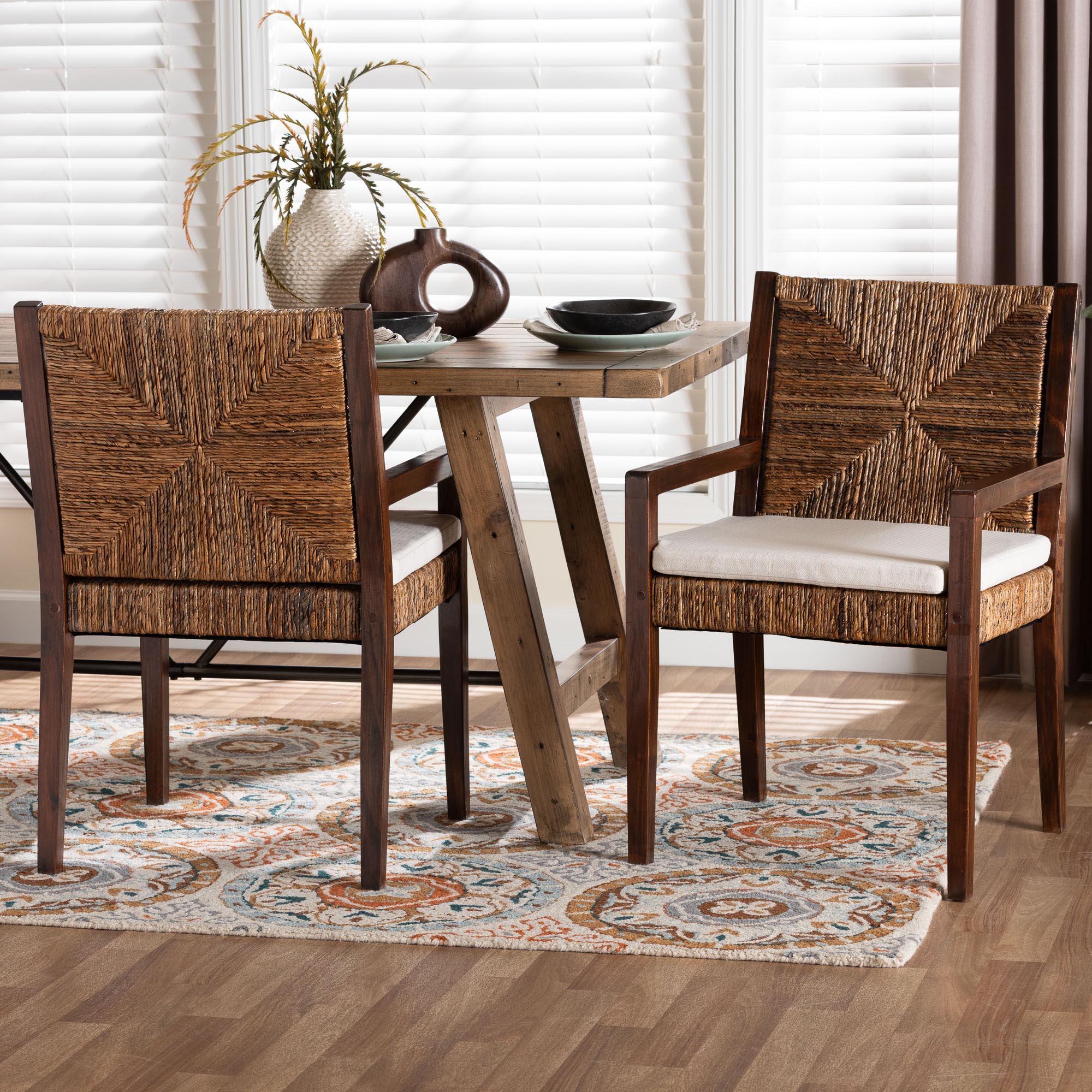 bali & pari Cordoba 2-Piece Handwoven Seagrass Armchairs - Solid Mango Wood Frame Dining Chair with Woven Seat and Backrest, Rustic Boho Style Kitchen or Dining Room Seating, Dark Brown