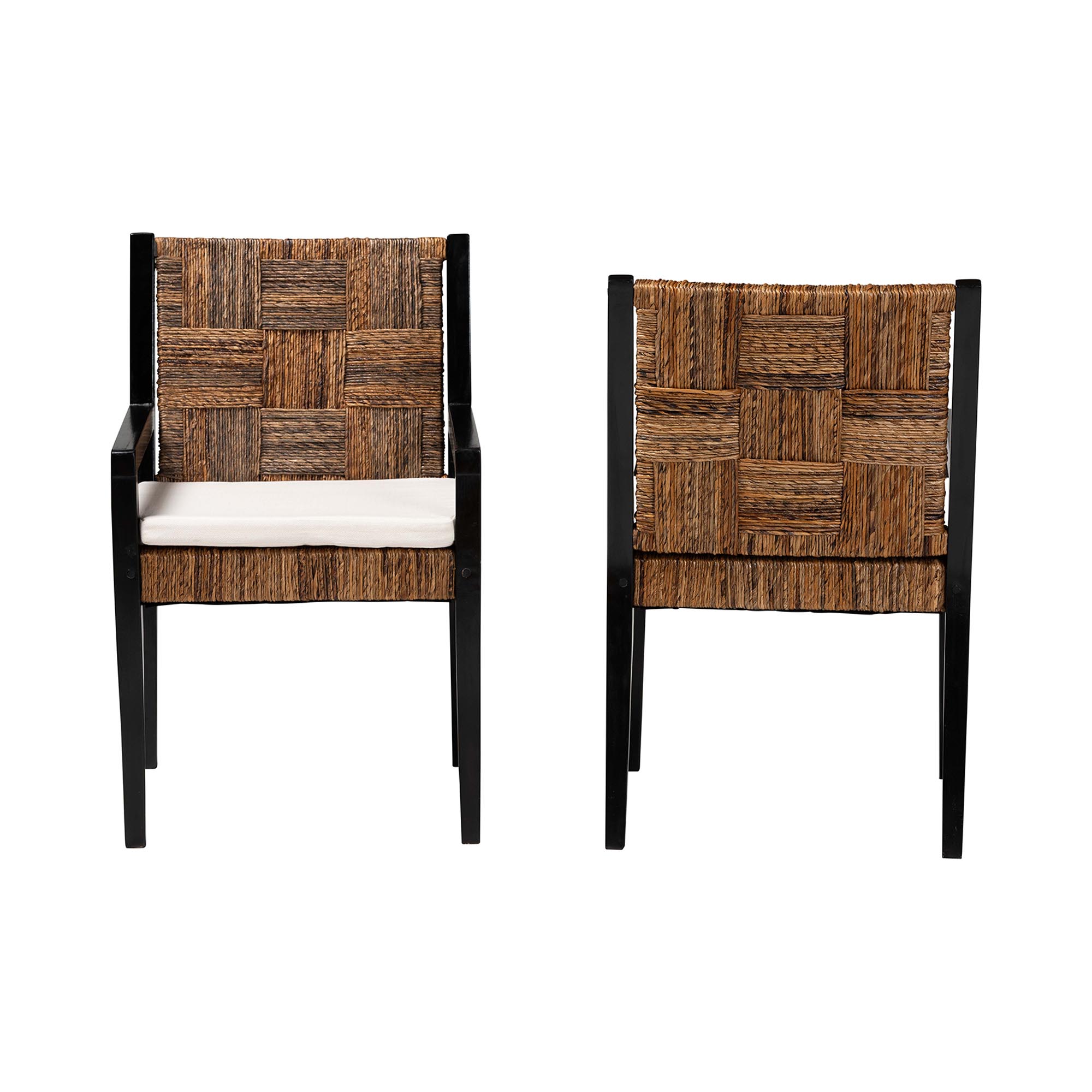 bali & pari Raniya 2-Piece Handwoven Seagrass Armchairs - Solid Mango Wood Frame Dining Chair with Woven Seat and Backrest, Rustic Boho Style Kitchen or Dining Room Seating, Black
