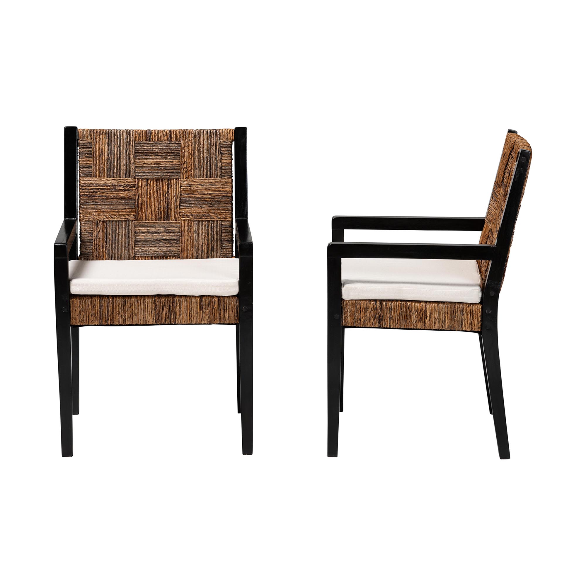 bali & pari Raniya 2-Piece Handwoven Seagrass Armchairs - Solid Mango Wood Frame Dining Chair with Woven Seat and Backrest, Rustic Boho Style Kitchen or Dining Room Seating, Black