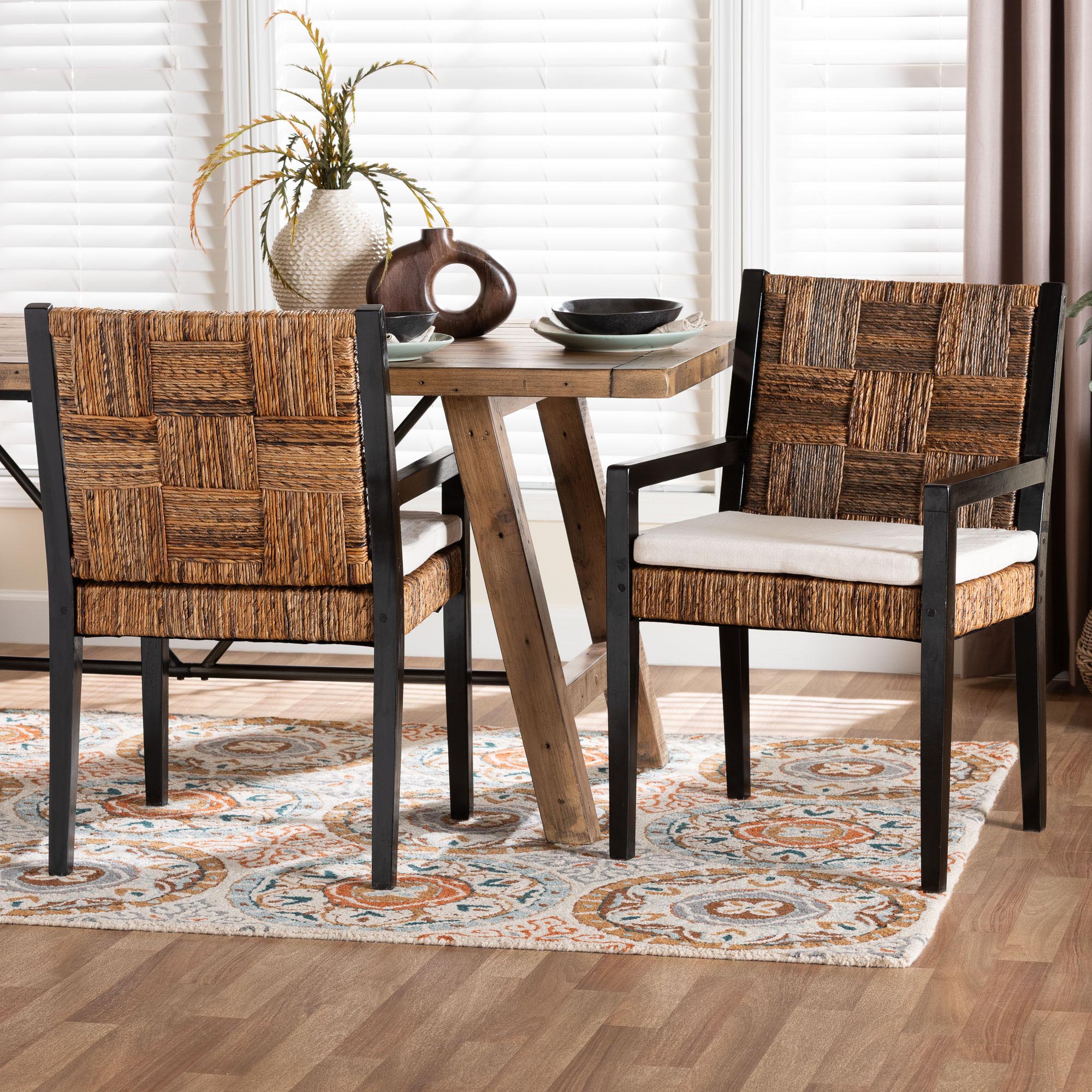 bali & pari Raniya 2-Piece Handwoven Seagrass Armchairs - Solid Mango Wood Frame Dining Chair with Woven Seat and Backrest, Rustic Boho Style Kitchen or Dining Room Seating, Black