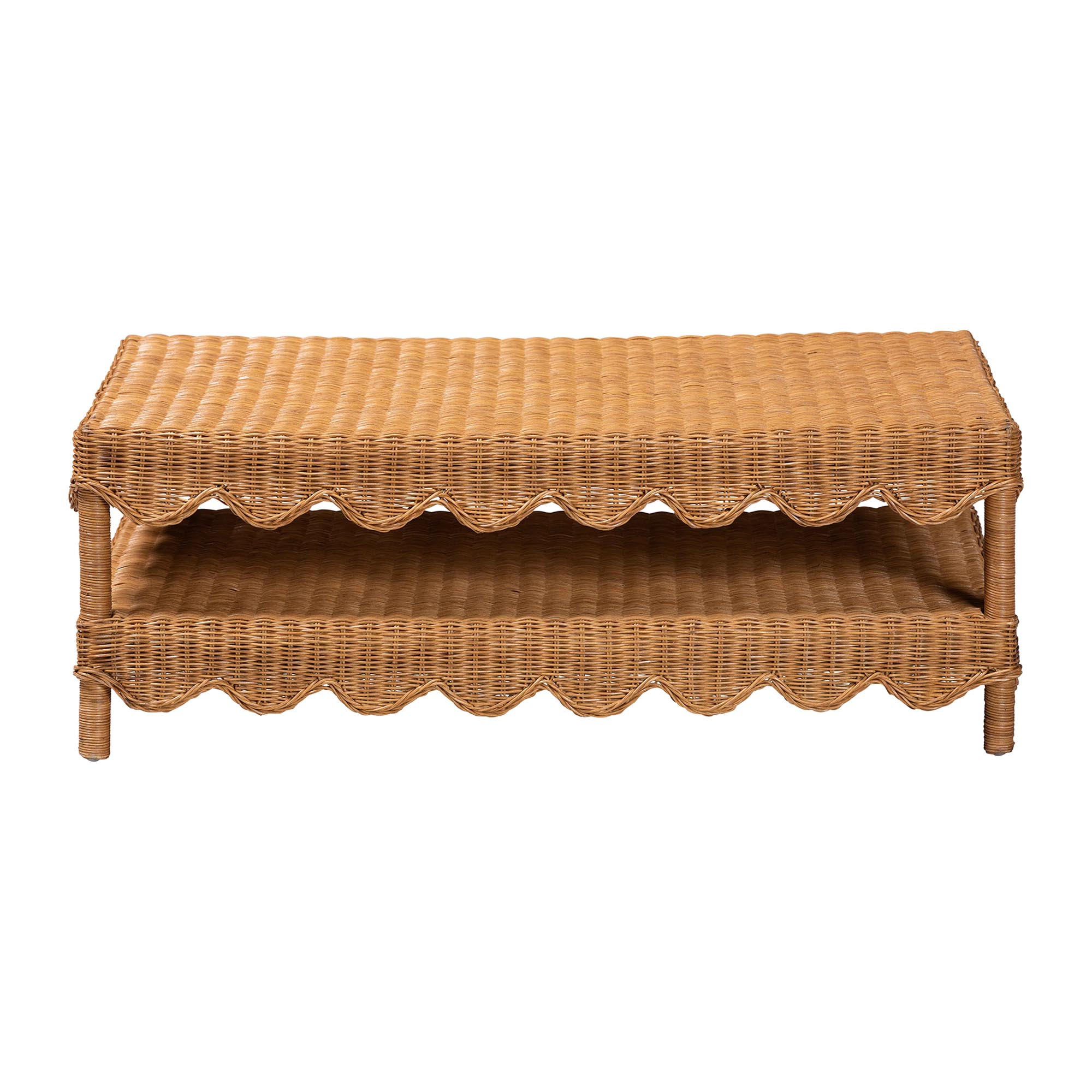 bali & pari Oteria Natural Rattan Coffee Table - Handwoven Wicker Cocktail Table with Scalloped Detailing and Open Shelf, Coastal Boho Living Room Accent