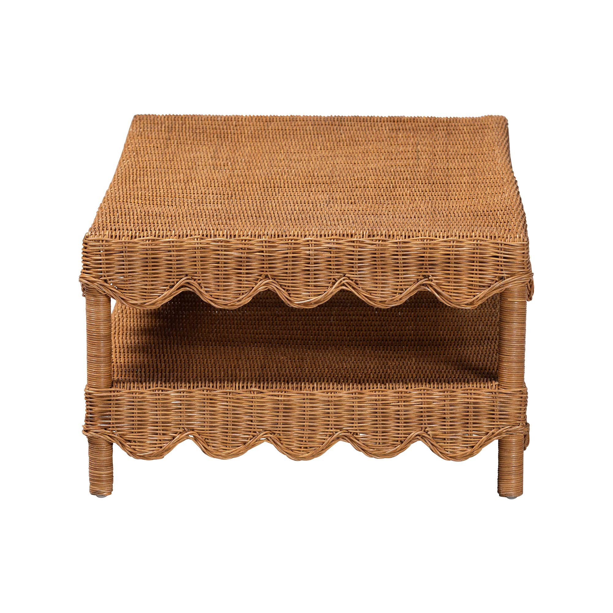 bali & pari Oteria Natural Rattan Coffee Table - Handwoven Wicker Cocktail Table with Scalloped Detailing and Open Shelf, Coastal Boho Living Room Accent