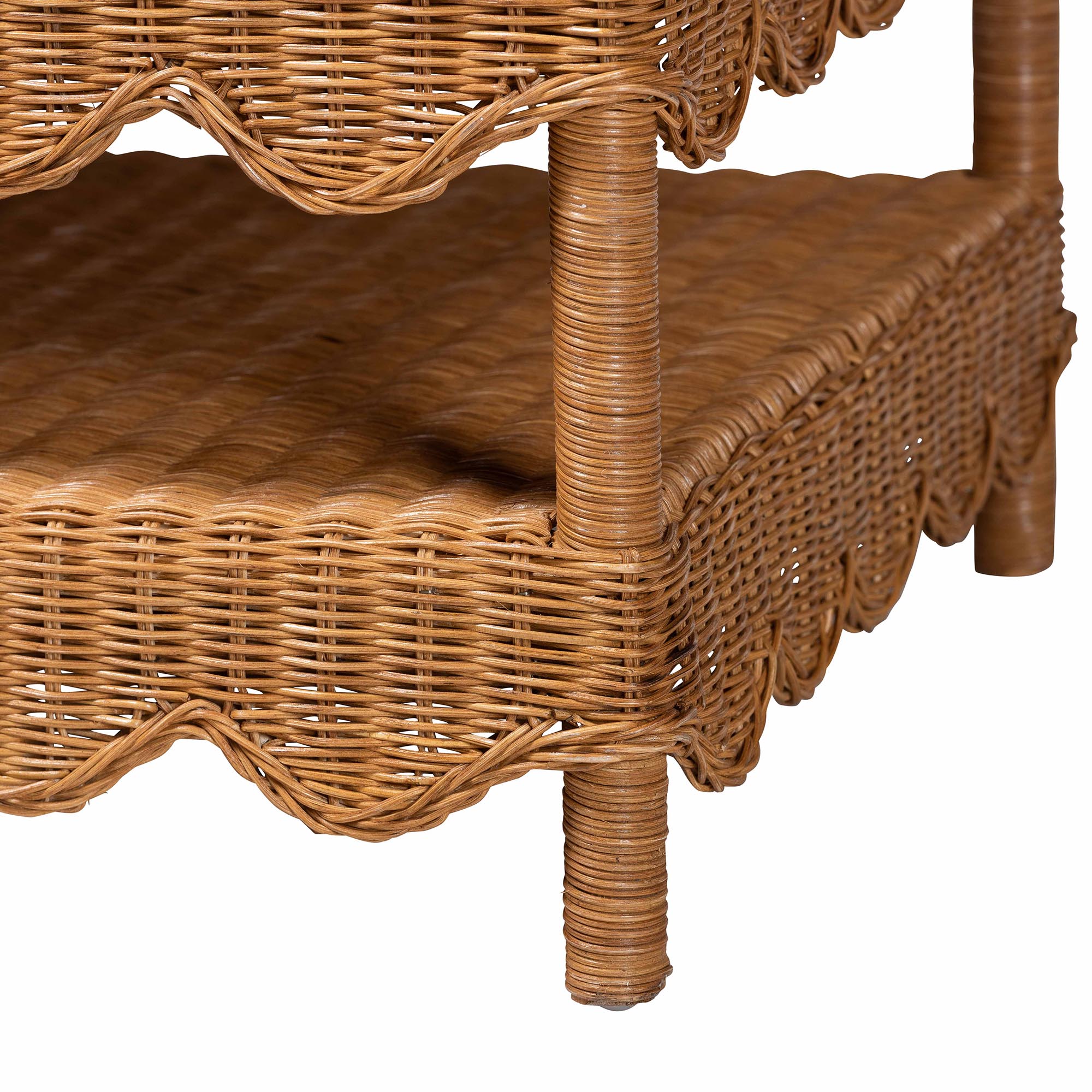 bali & pari Oteria Natural Rattan Coffee Table - Handwoven Wicker Cocktail Table with Scalloped Detailing and Open Shelf, Coastal Boho Living Room Accent