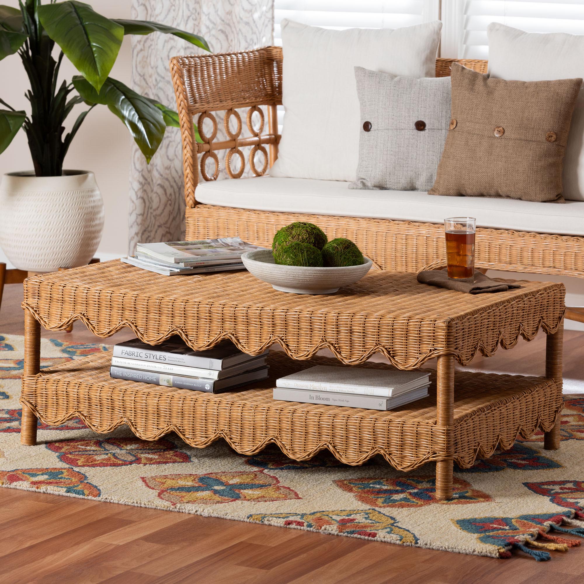 bali & pari Oteria Natural Rattan Coffee Table - Handwoven Wicker Cocktail Table with Scalloped Detailing and Open Shelf, Coastal Boho Living Room Accent