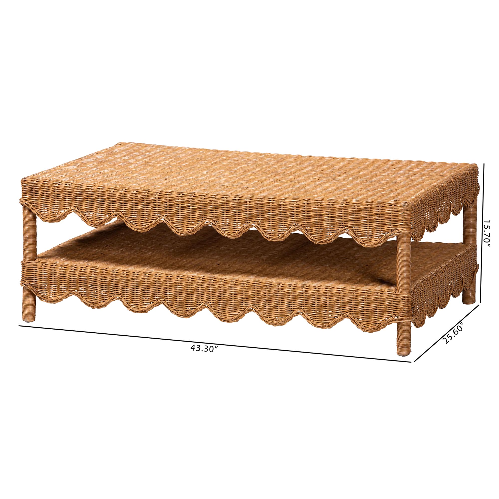 bali & pari Oteria Natural Rattan Coffee Table - Handwoven Wicker Cocktail Table with Scalloped Detailing and Open Shelf, Coastal Boho Living Room Accent