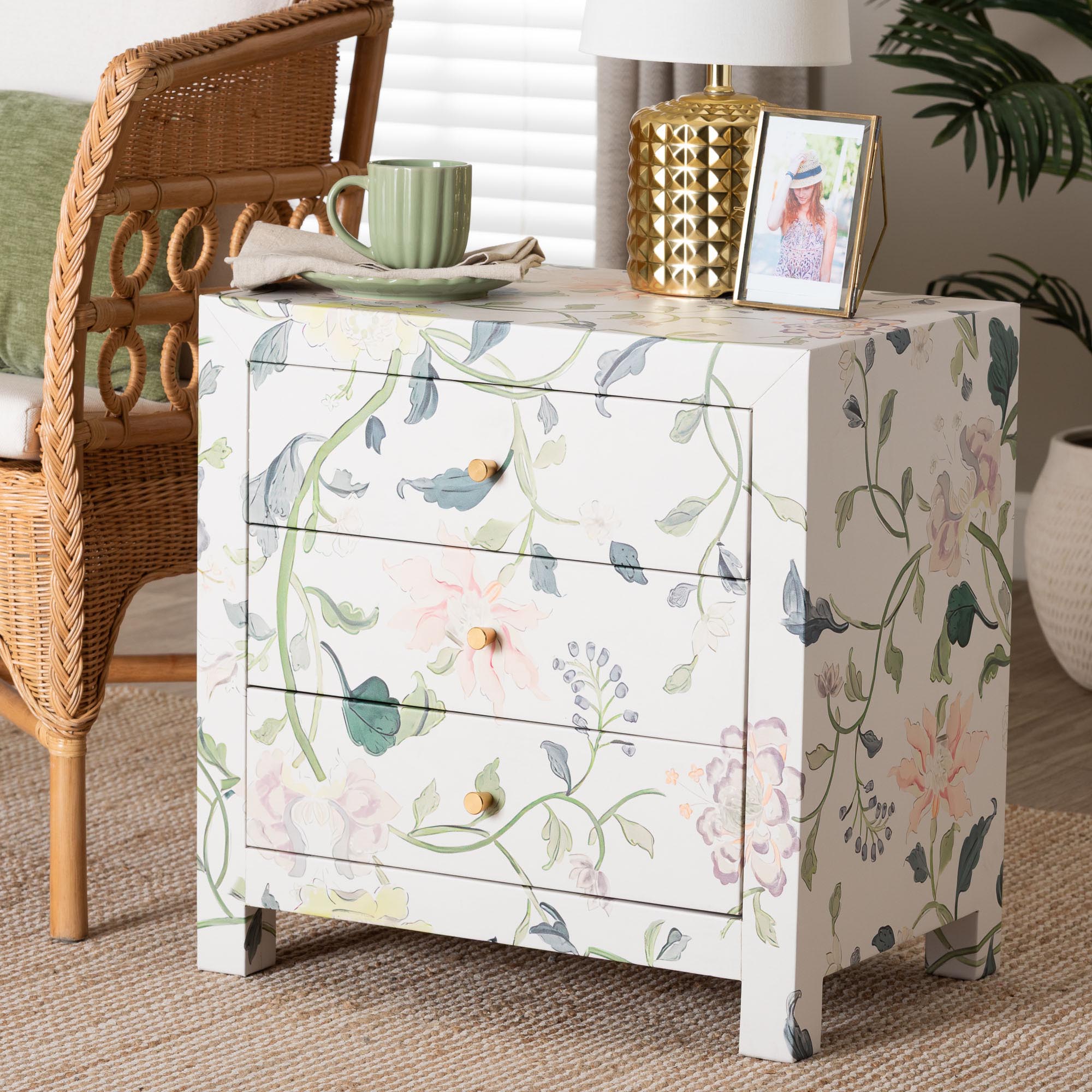Baxton Studio Connery Floral  End Table - 3-Drawer Decorative Accent Storage Cabinet