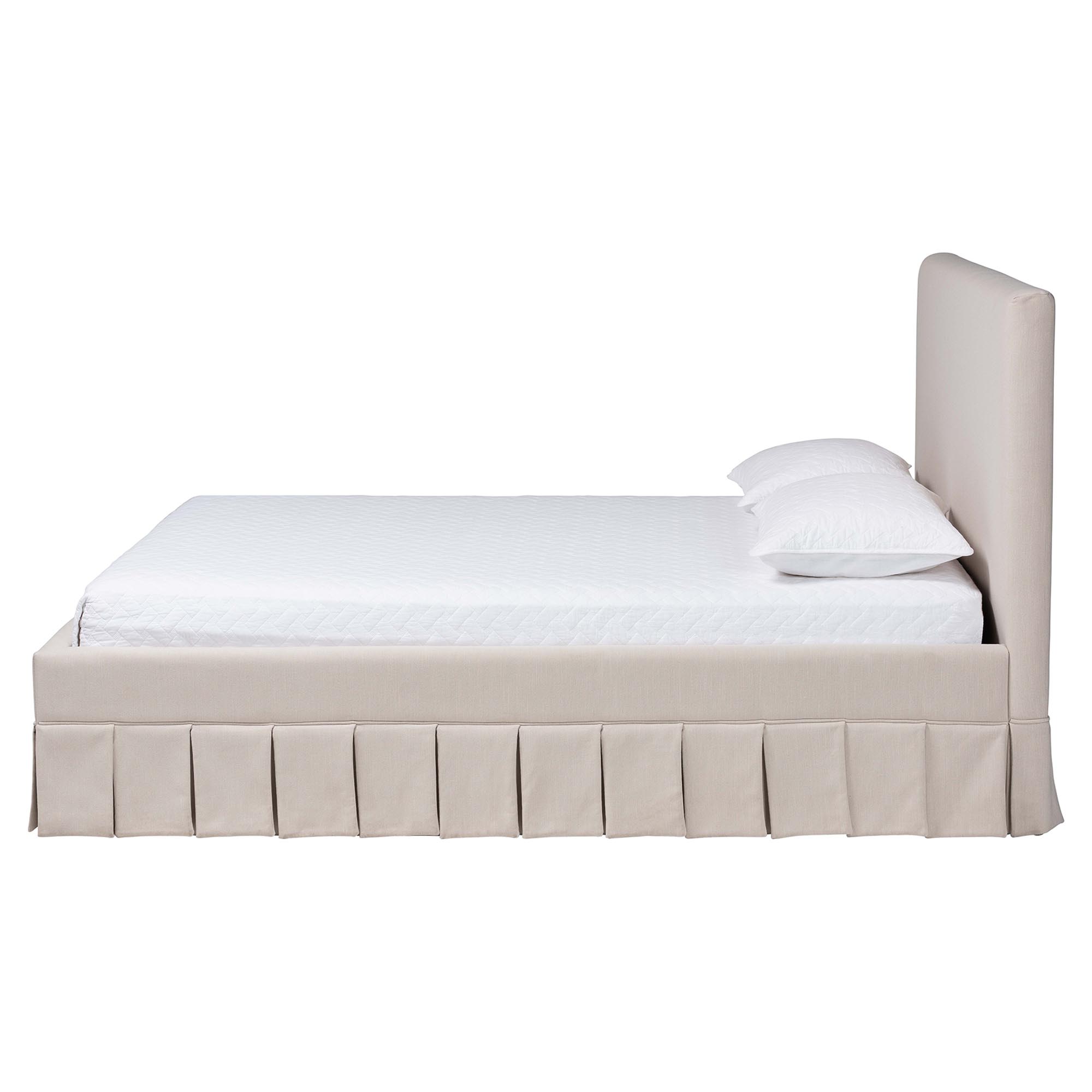 Baxton Studio Astin Platform Bed with Pleated Skirt- Fabric Upholstered Bed Frame with Panel Headboard, Queen