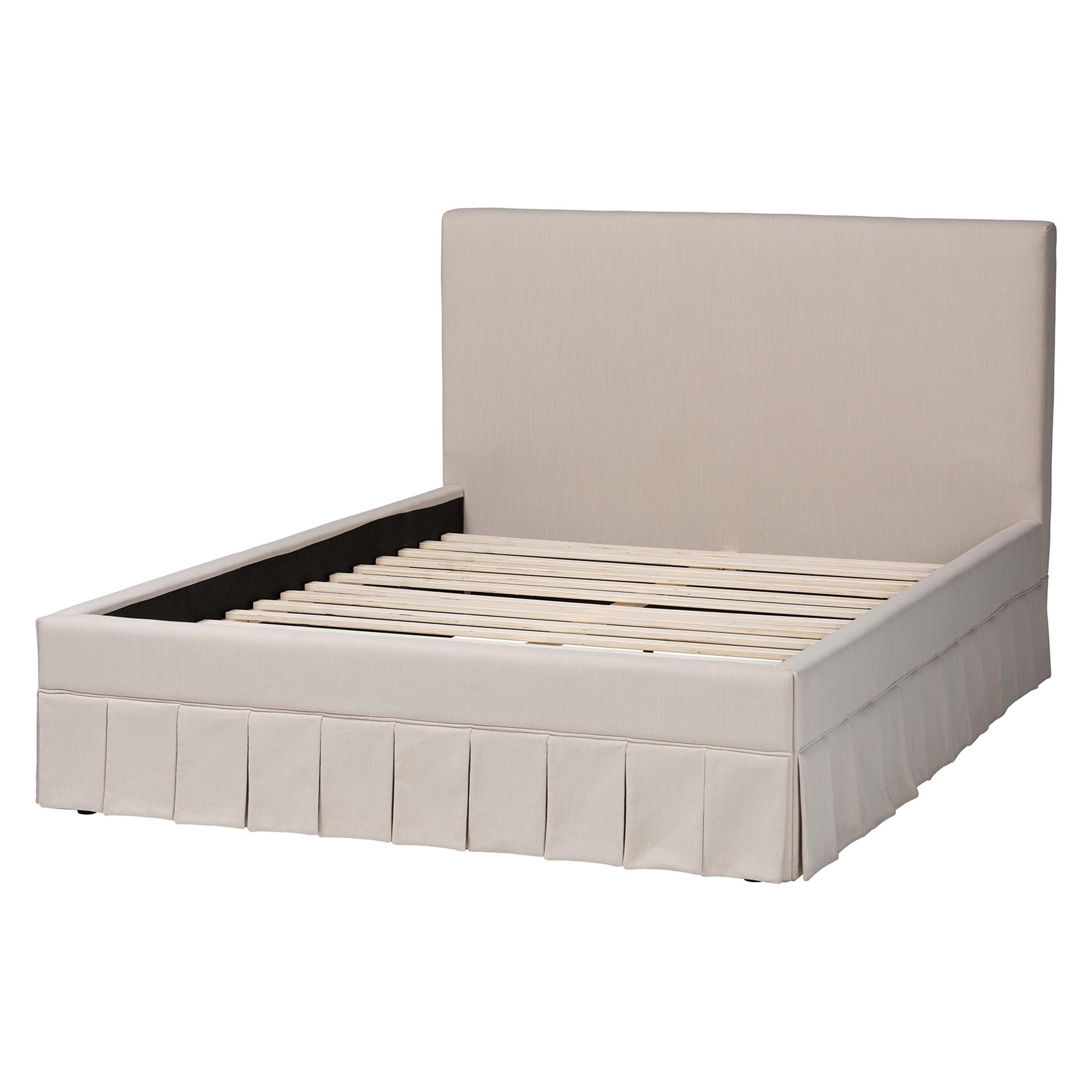Baxton Studio Astin Platform Bed with Pleated Skirt- Fabric Upholstered Bed Frame with Panel Headboard, Queen