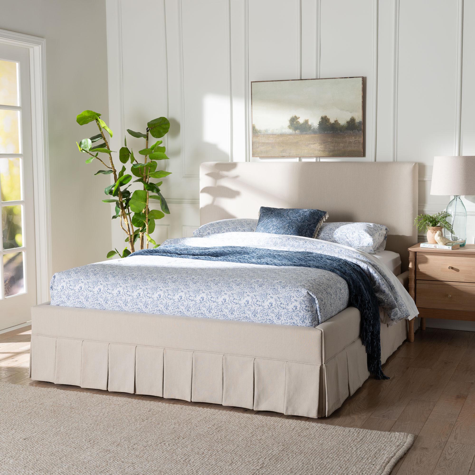 Baxton Studio Astin Platform Bed with Pleated Skirt- Fabric Upholstered Bed Frame with Panel Headboard, Queen