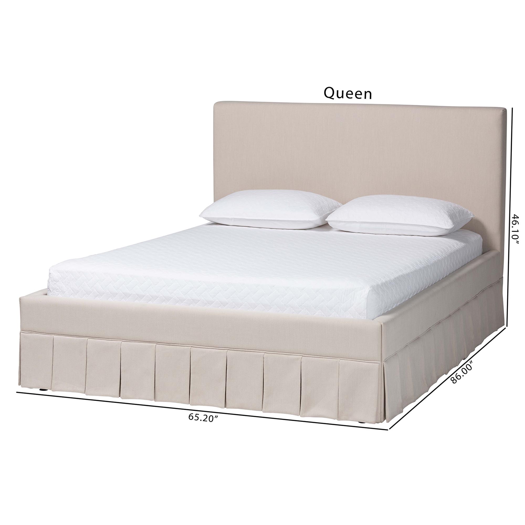 Baxton Studio Astin Platform Bed with Pleated Skirt- Fabric Upholstered Bed Frame with Panel Headboard, Queen