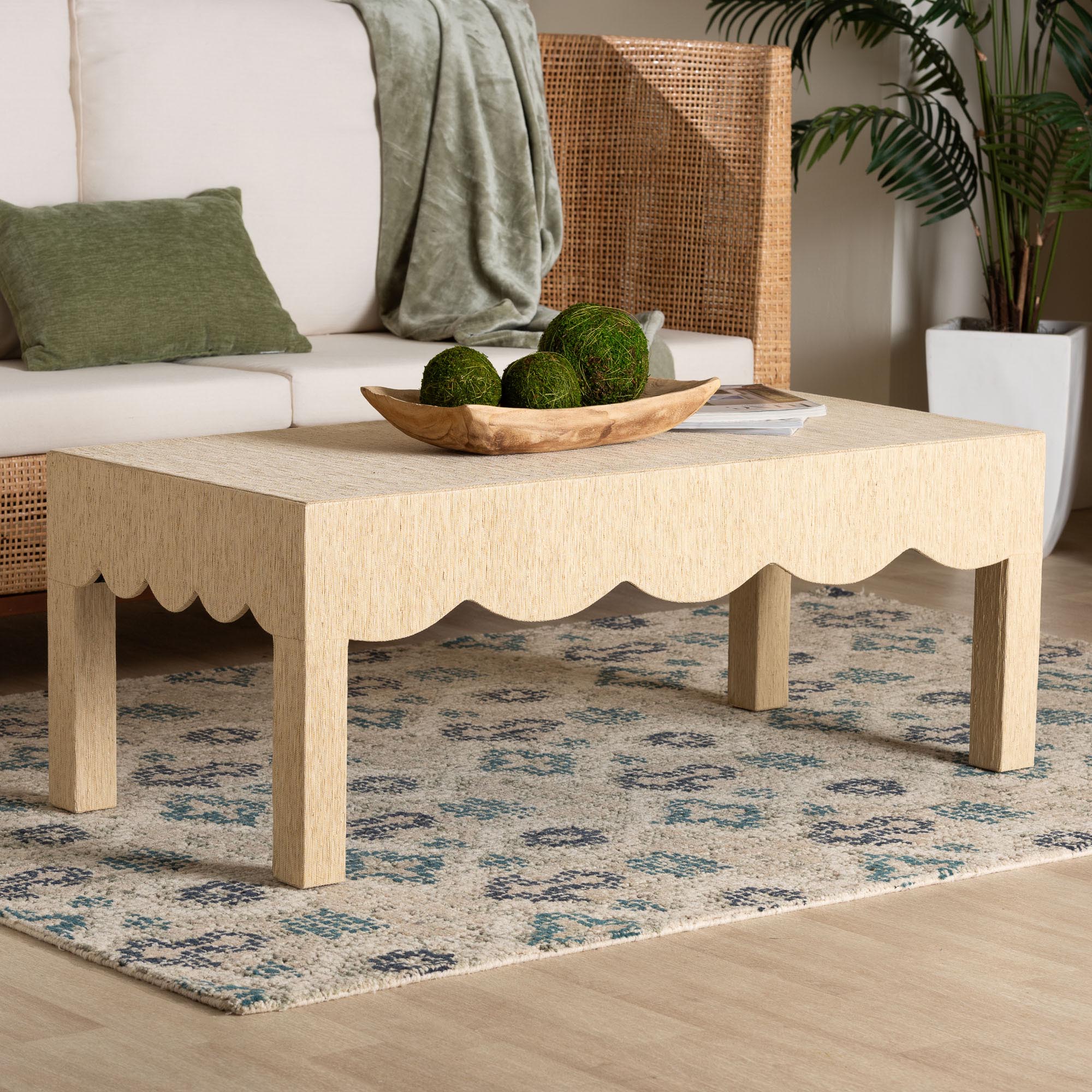 bali & pari Mason Natural Grasscloth Coffee Table - Rectangular Accent Table with Scalloped Apron, Modern Coastal Living Room Centerpiece