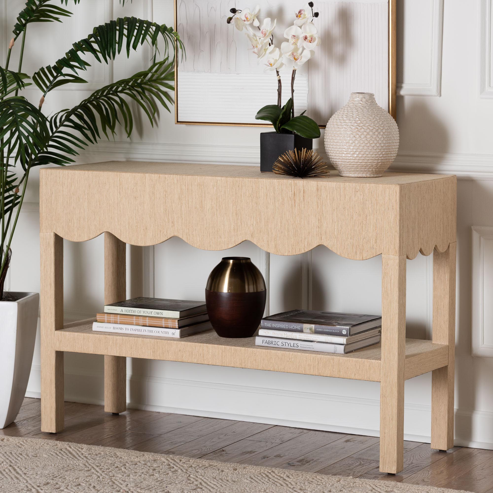 bali & pari Mason Natural Grasscloth Console Table - Two-Tier Entryway Table with Scalloped Apron, Modern Coastal Accent Table for Living Room or Hallway