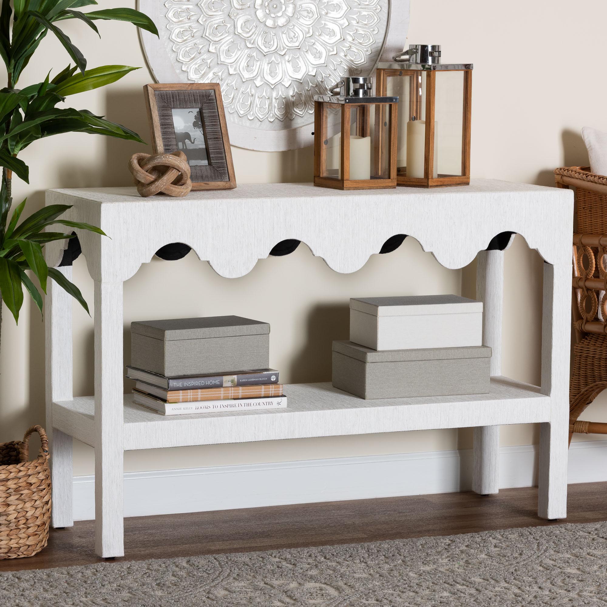 bali & pari Nolan Natural Grasscloth Console Table - Two-Tier Entryway Table with Scalloped Apron, Modern Coastal Accent Table for Living Room or Hallway