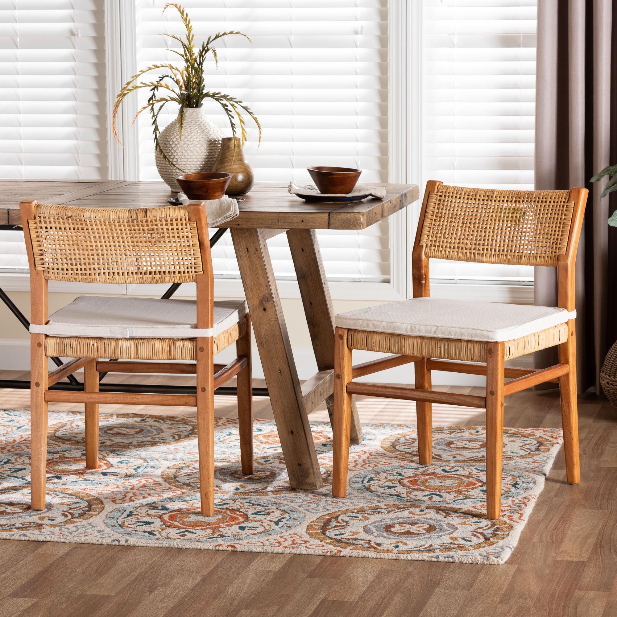 bali & pari Chatura Natural Rattan and Mahogany Wood 2-Piece Dining Side Chair Set - Handwoven Wicker Dining Chair with Angled Back, Coastal Boho Seating for Dining or Kitchen